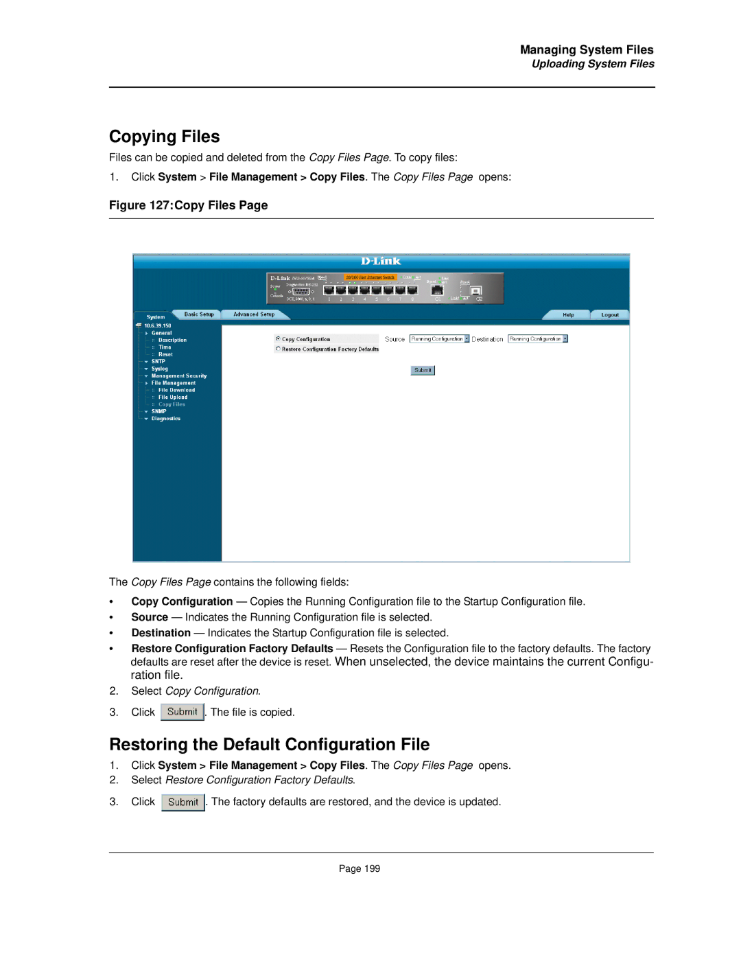 D-Link DES-3010FA/GA manual Copying Files, Restoring the Default Configuration File 