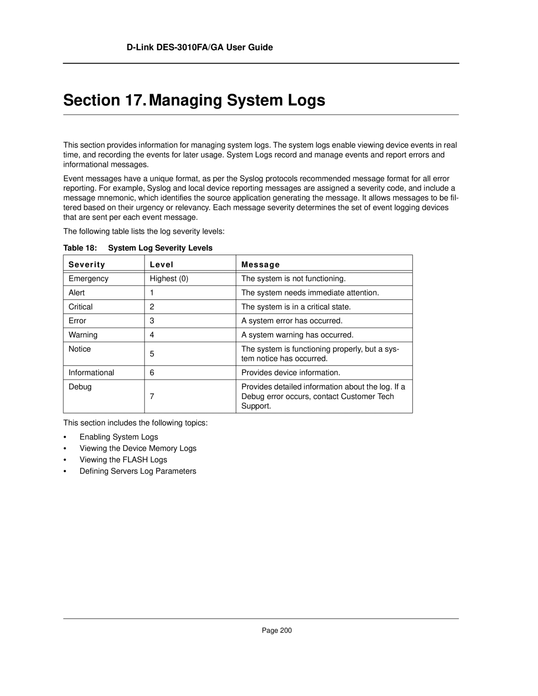 D-Link DES-3010FA/GA manual Managing System Logs, System Log Severity Levels Message 