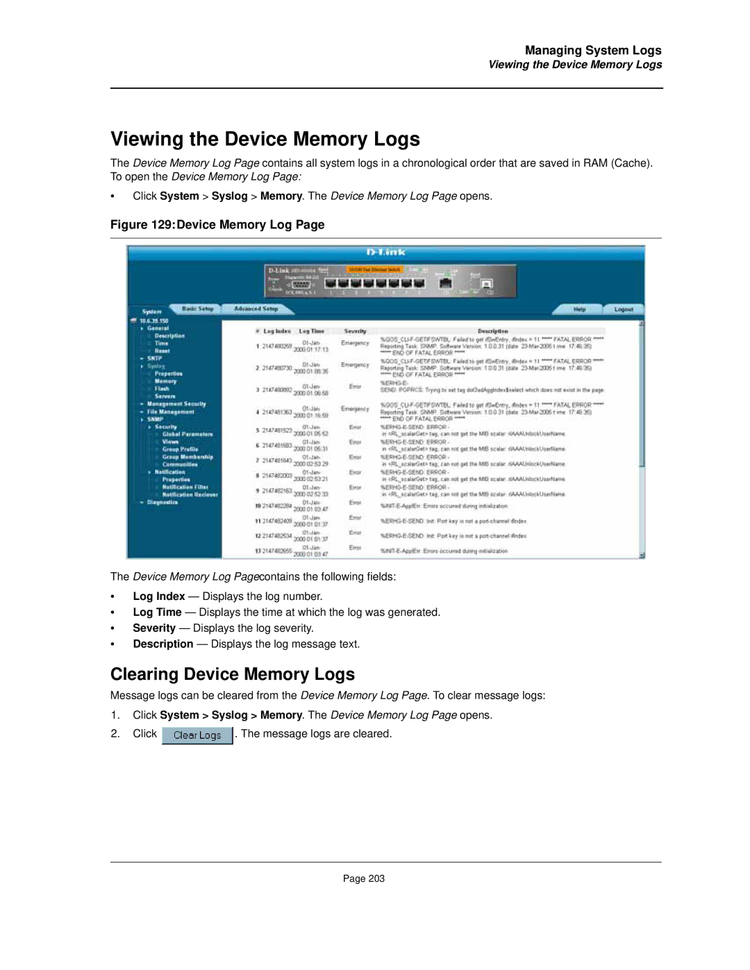 D-Link DES-3010FA/GA manual Viewing the Device Memory Logs, Clearing Device Memory Logs 