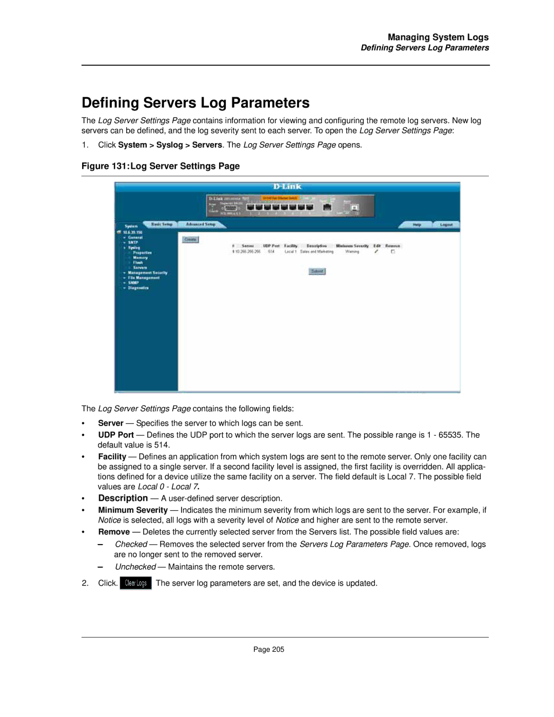 D-Link DES-3010FA/GA manual Defining Servers Log Parameters, Log Server Settings 