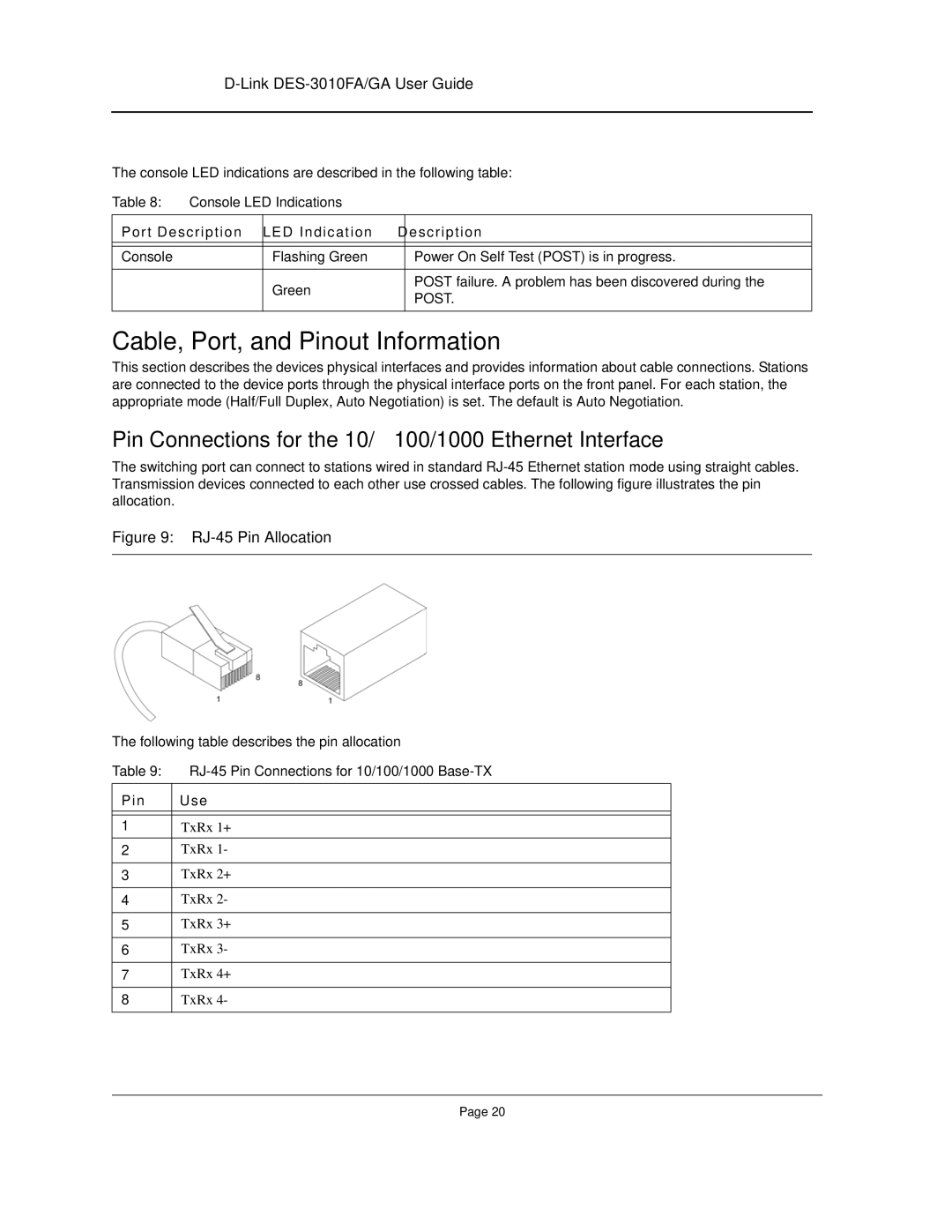 D-Link DES-3010FA/GA manual Cable, Port, and Pinout Information, Pin Connections for the 10/100/1000 Ethernet Interface 