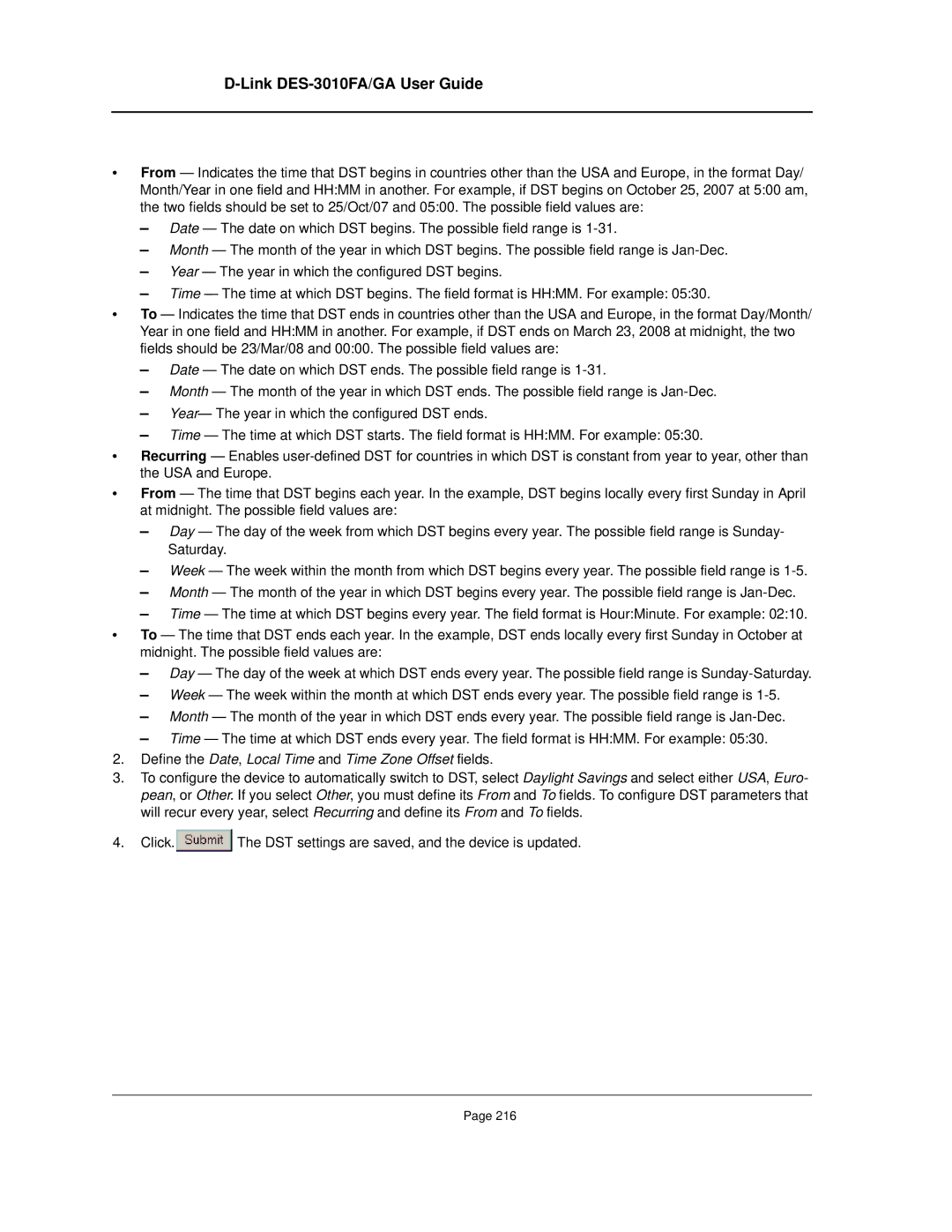 D-Link DES-3010FA/GA manual Define the Date, Local Time and Time Zone Offset fields 