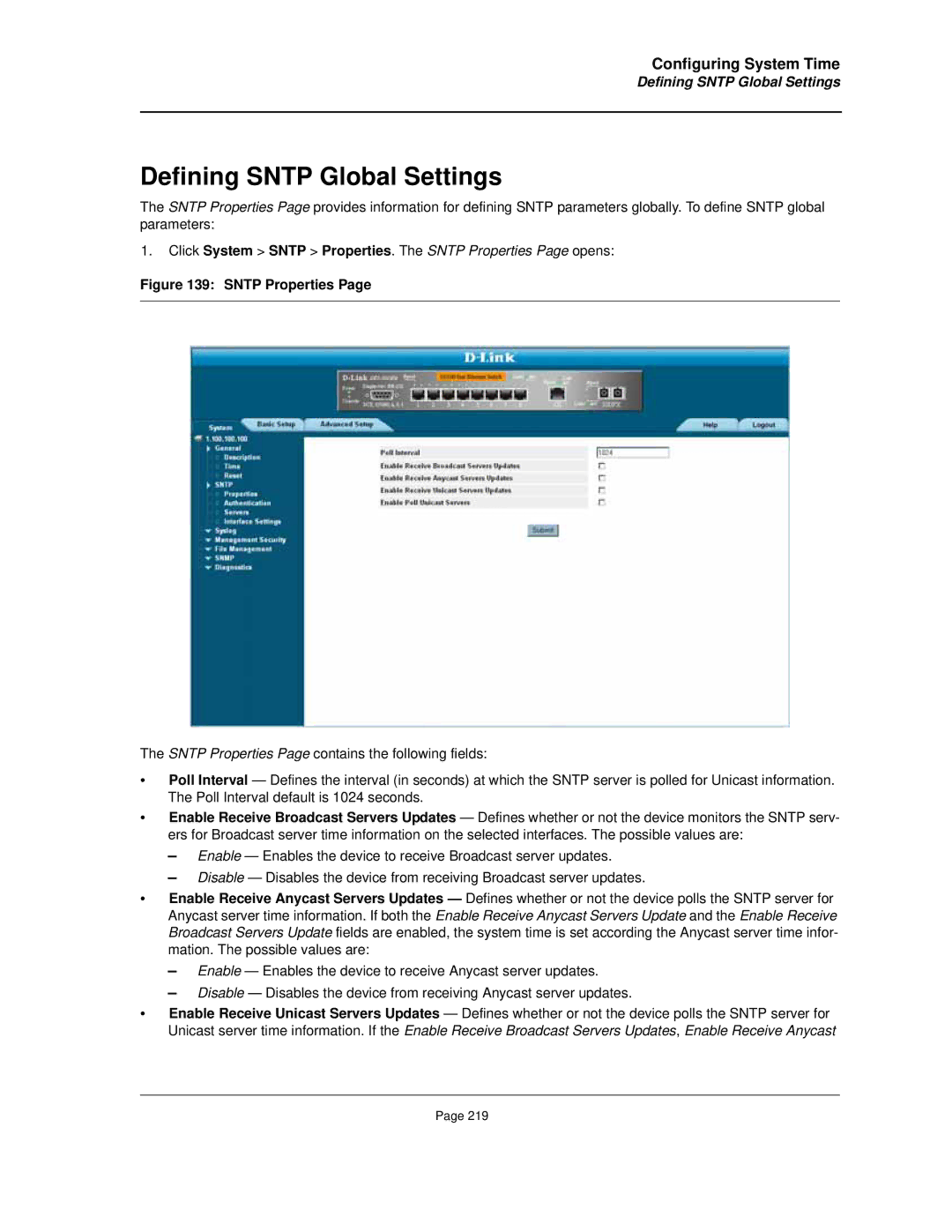 D-Link DES-3010FA/GA manual Defining Sntp Global Settings, Sntp Properties 