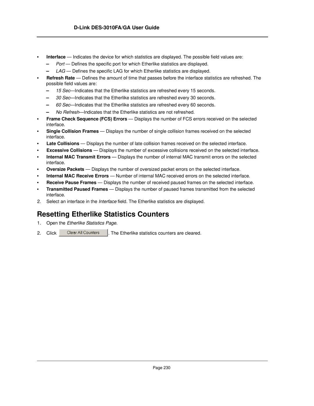 D-Link DES-3010FA/GA manual Resetting Etherlike Statistics Counters 