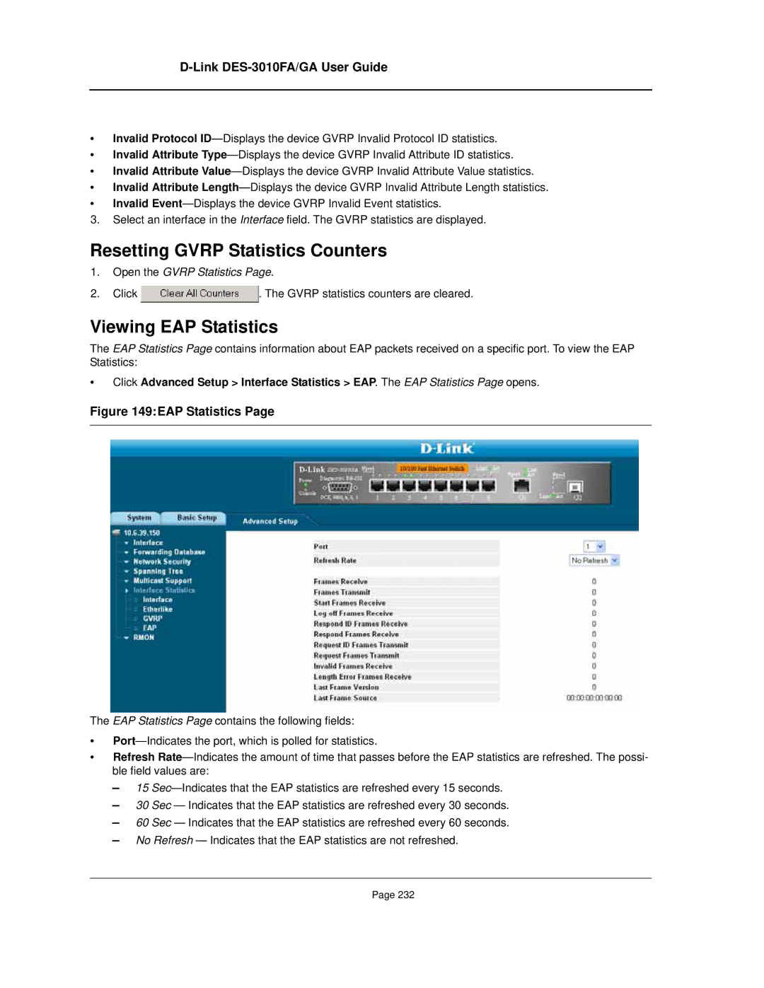 D-Link DES-3010FA/GA manual Resetting Gvrp Statistics Counters, Viewing EAP Statistics 