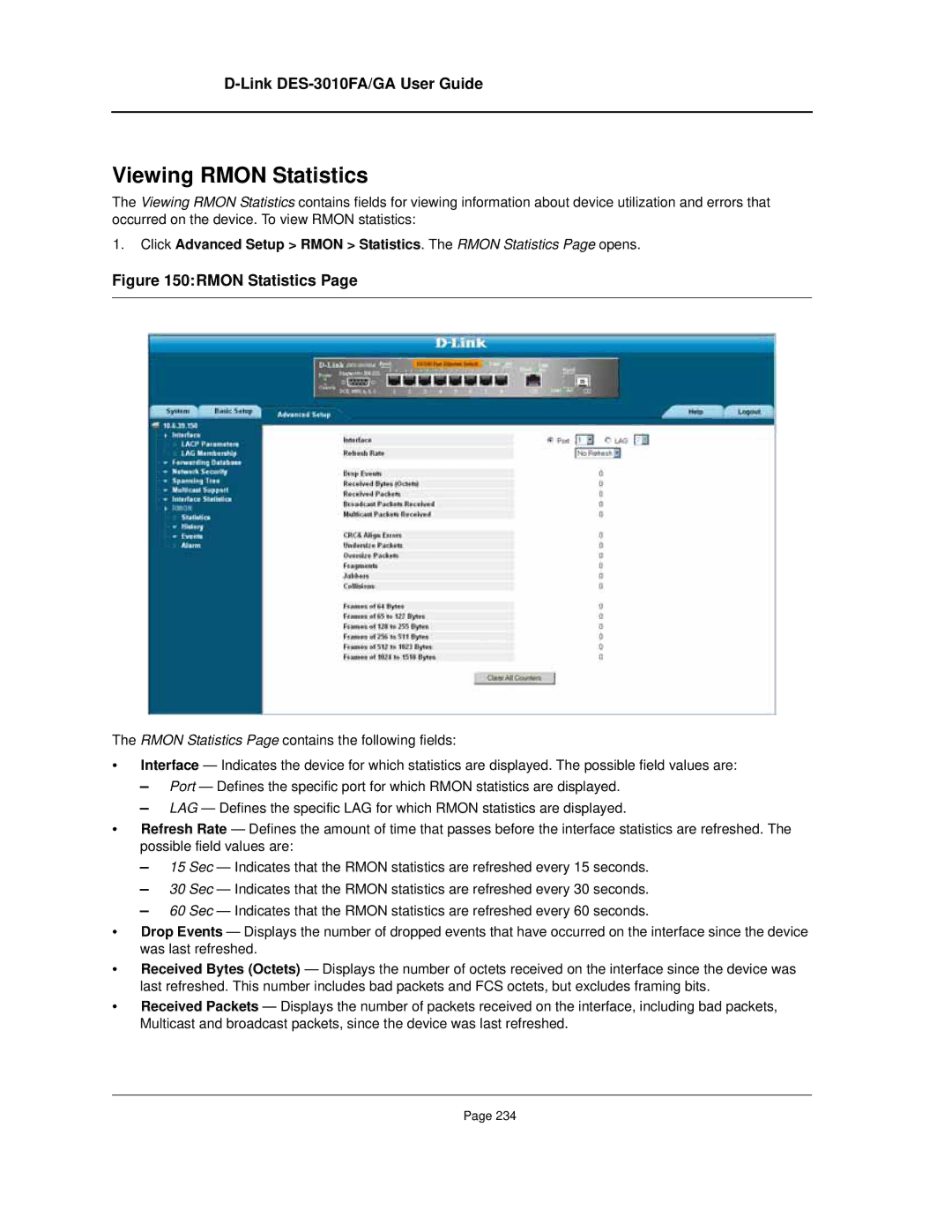 D-Link DES-3010FA/GA manual Viewing Rmon Statistics 