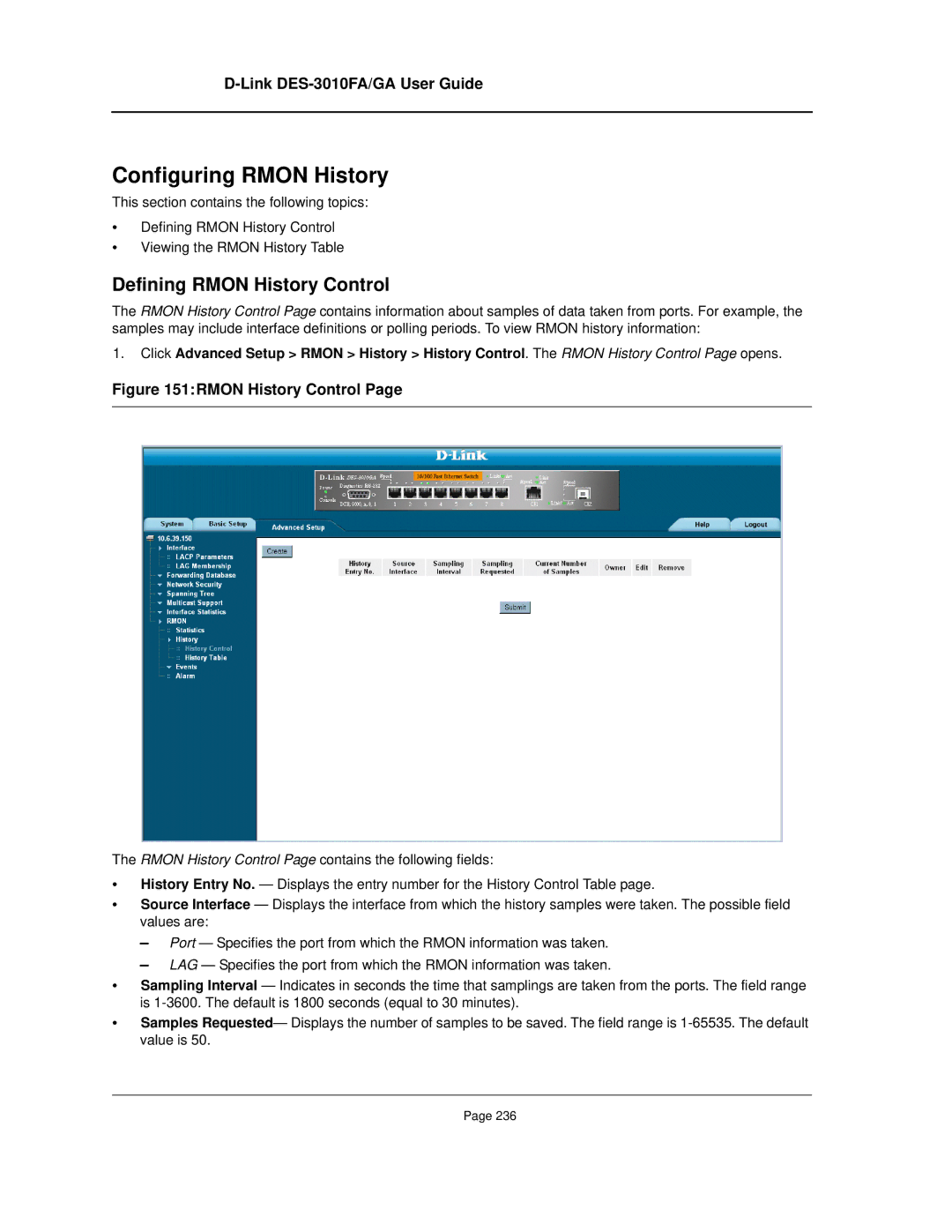 D-Link DES-3010FA/GA manual Configuring Rmon History, Defining Rmon History Control 