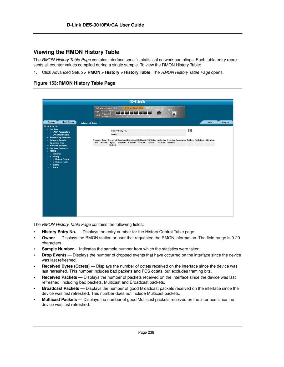 D-Link DES-3010FA/GA manual Viewing the Rmon History Table 