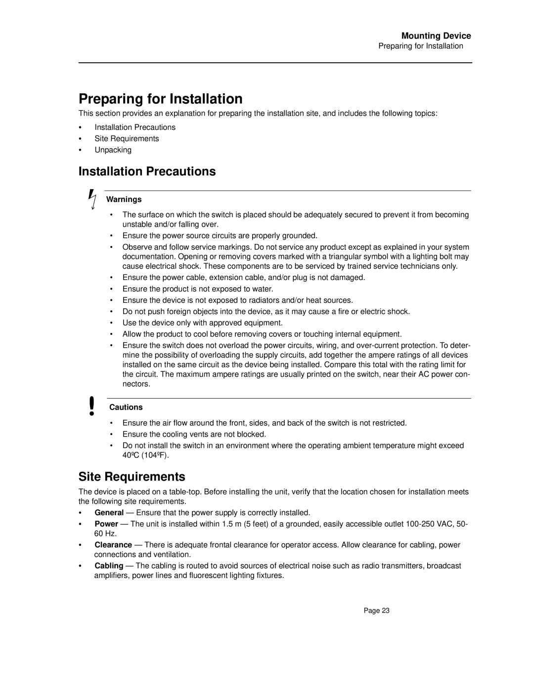 D-Link DES-3010FA/GA manual Preparing for Installation, Installation Precautions, Site Requirements 