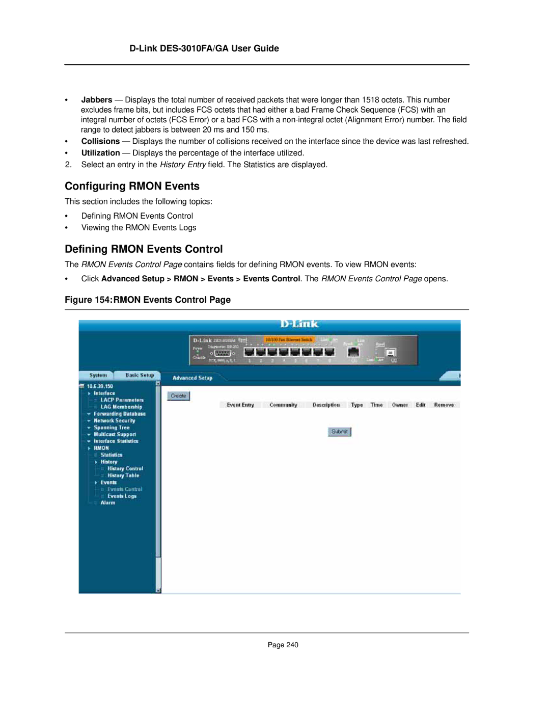 D-Link DES-3010FA/GA manual Configuring Rmon Events, Defining Rmon Events Control 