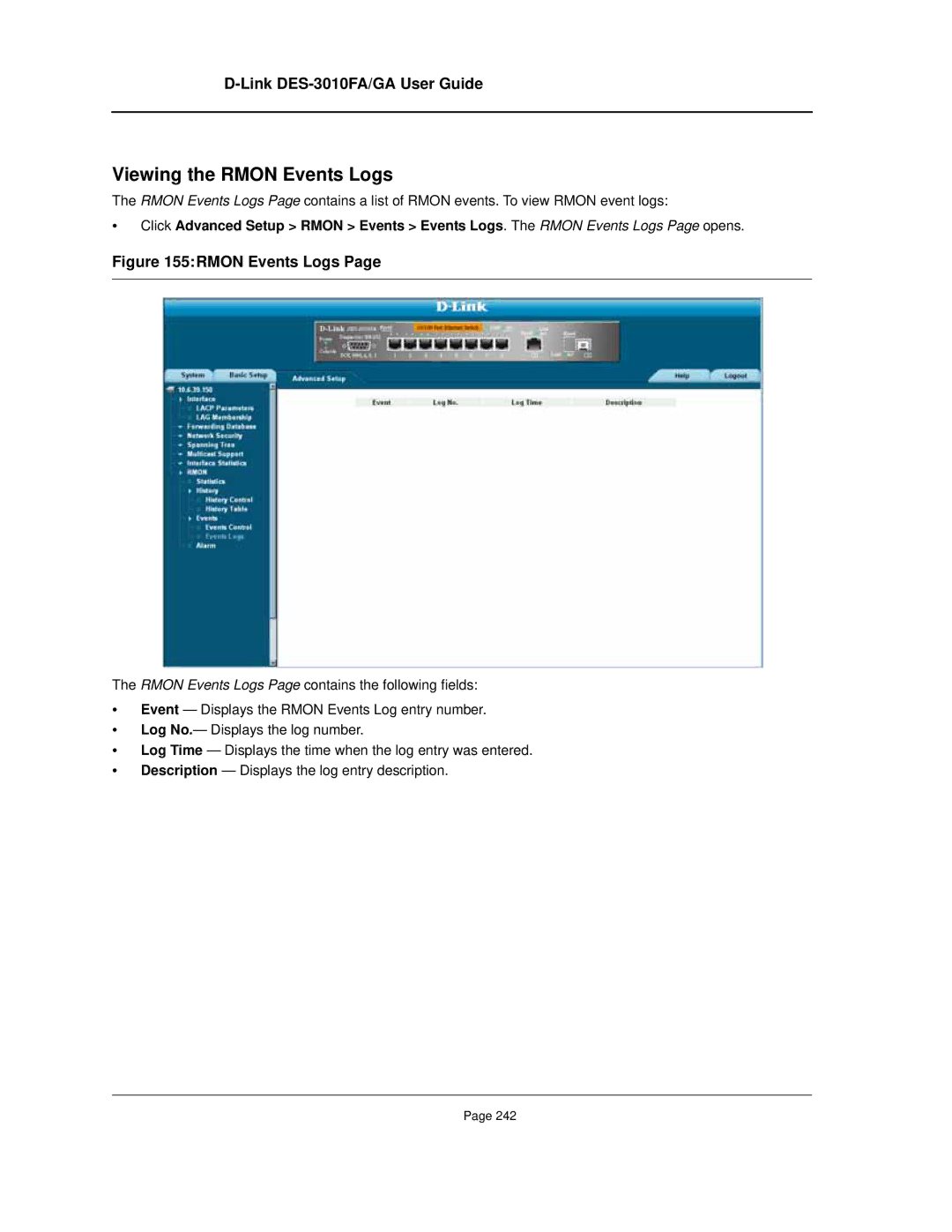 D-Link DES-3010FA/GA manual Viewing the Rmon Events Logs 