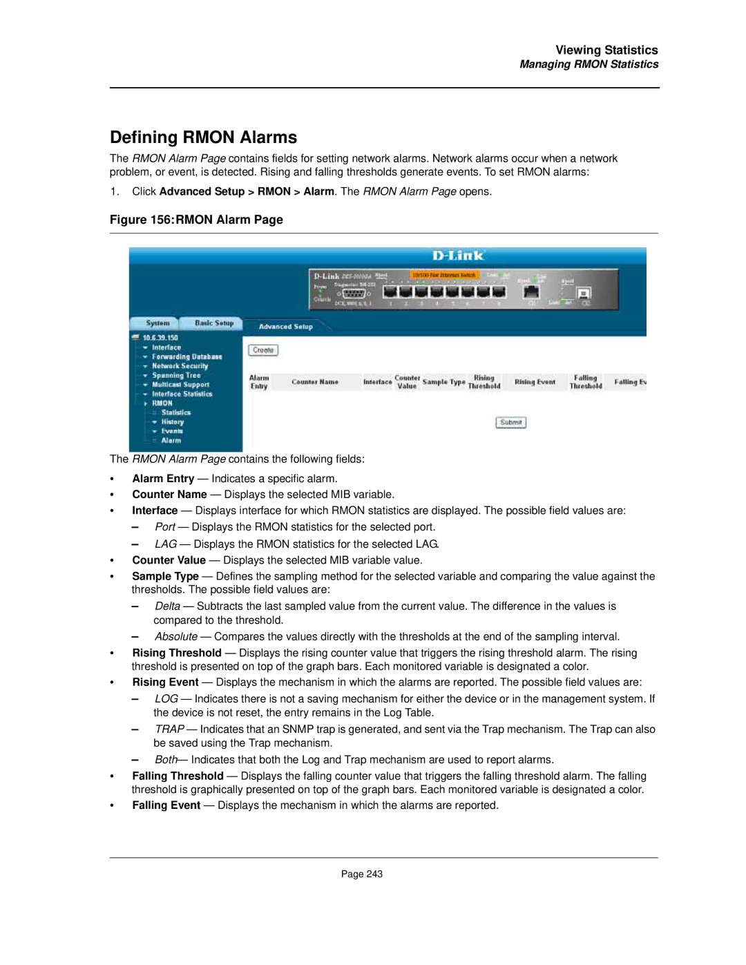 D-Link DES-3010FA/GA manual Defining Rmon Alarms, Click Advanced Setup Rmon Alarm. The Rmon Alarm Page opens 