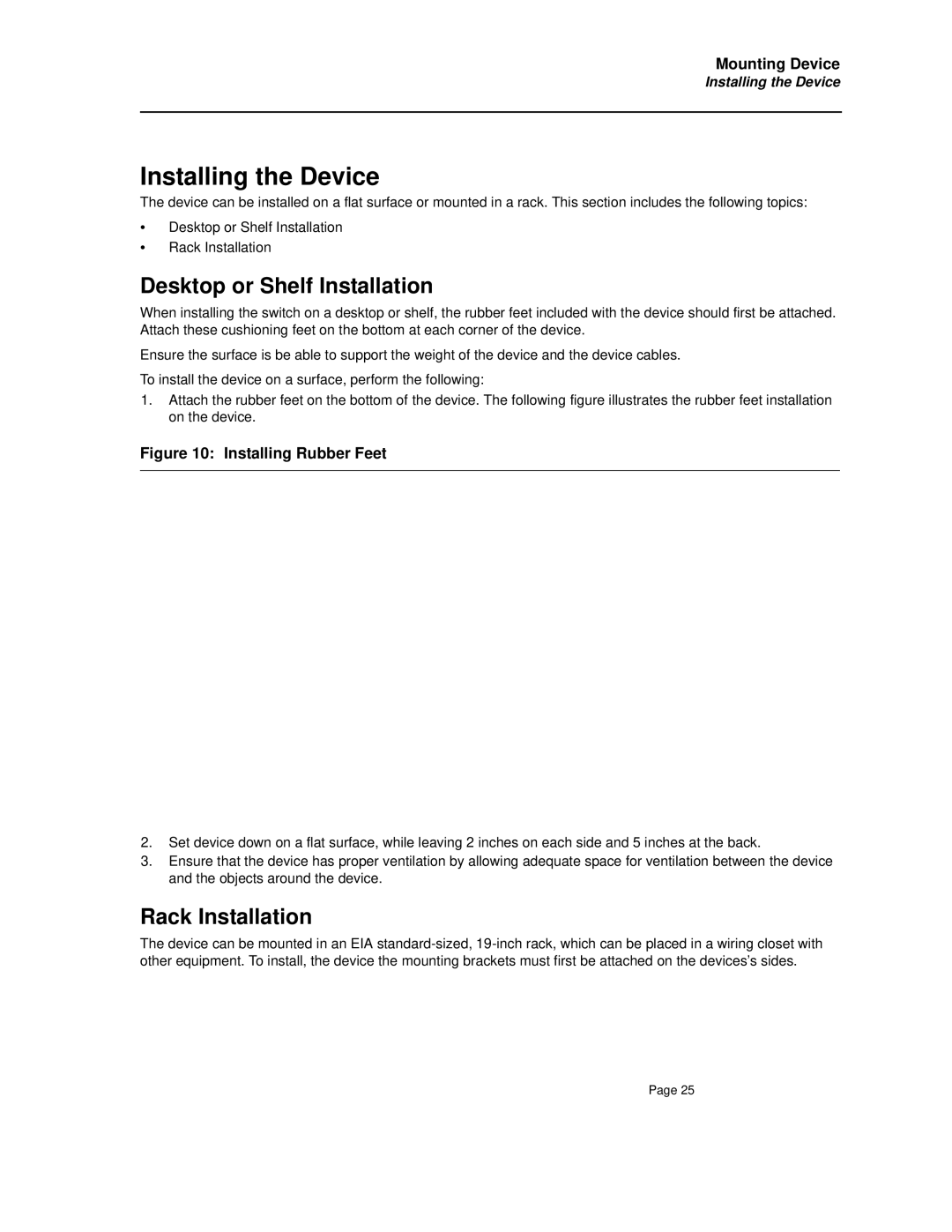 D-Link DES-3010FA/GA manual Installing the Device, Desktop or Shelf Installation, Rack Installation 