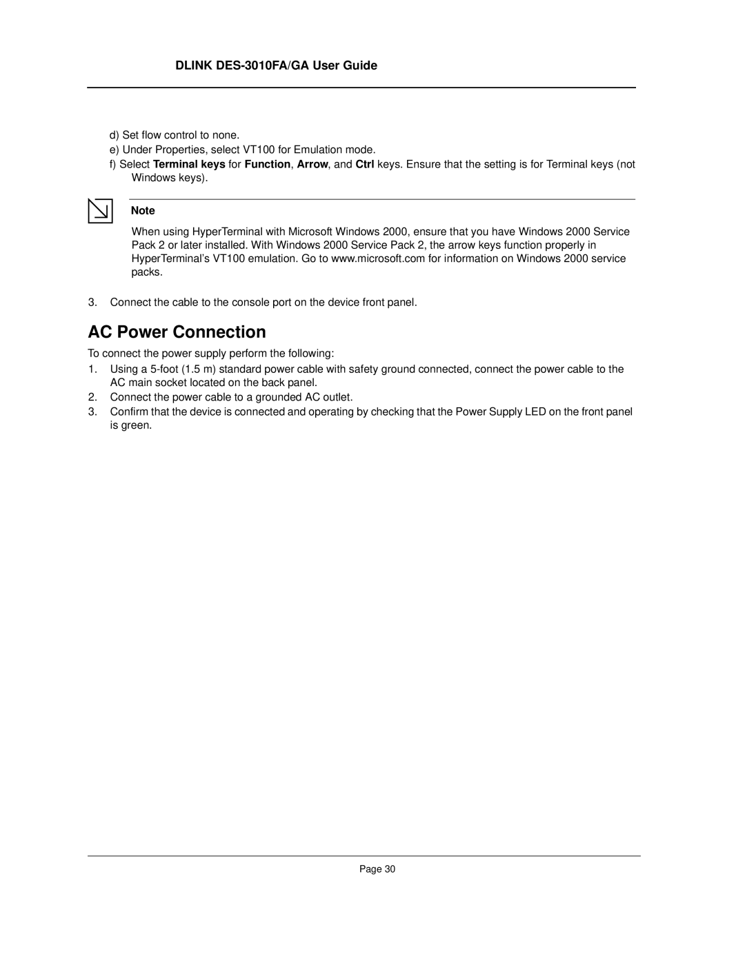 D-Link DES-3010FA/GA manual AC Power Connection 