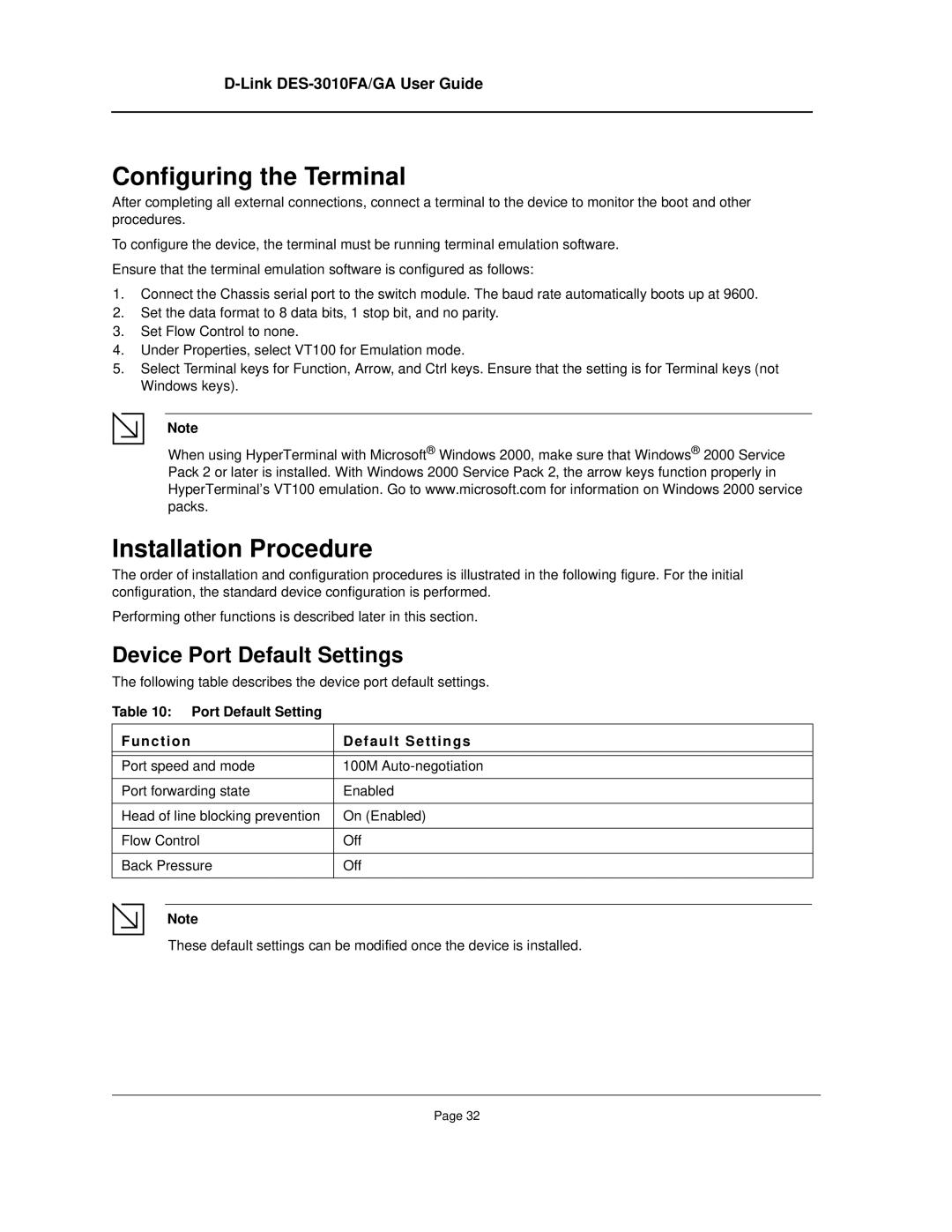 D-Link DES-3010FA/GA manual Configuring the Terminal, Installation Procedure, Device Port Default Settings 