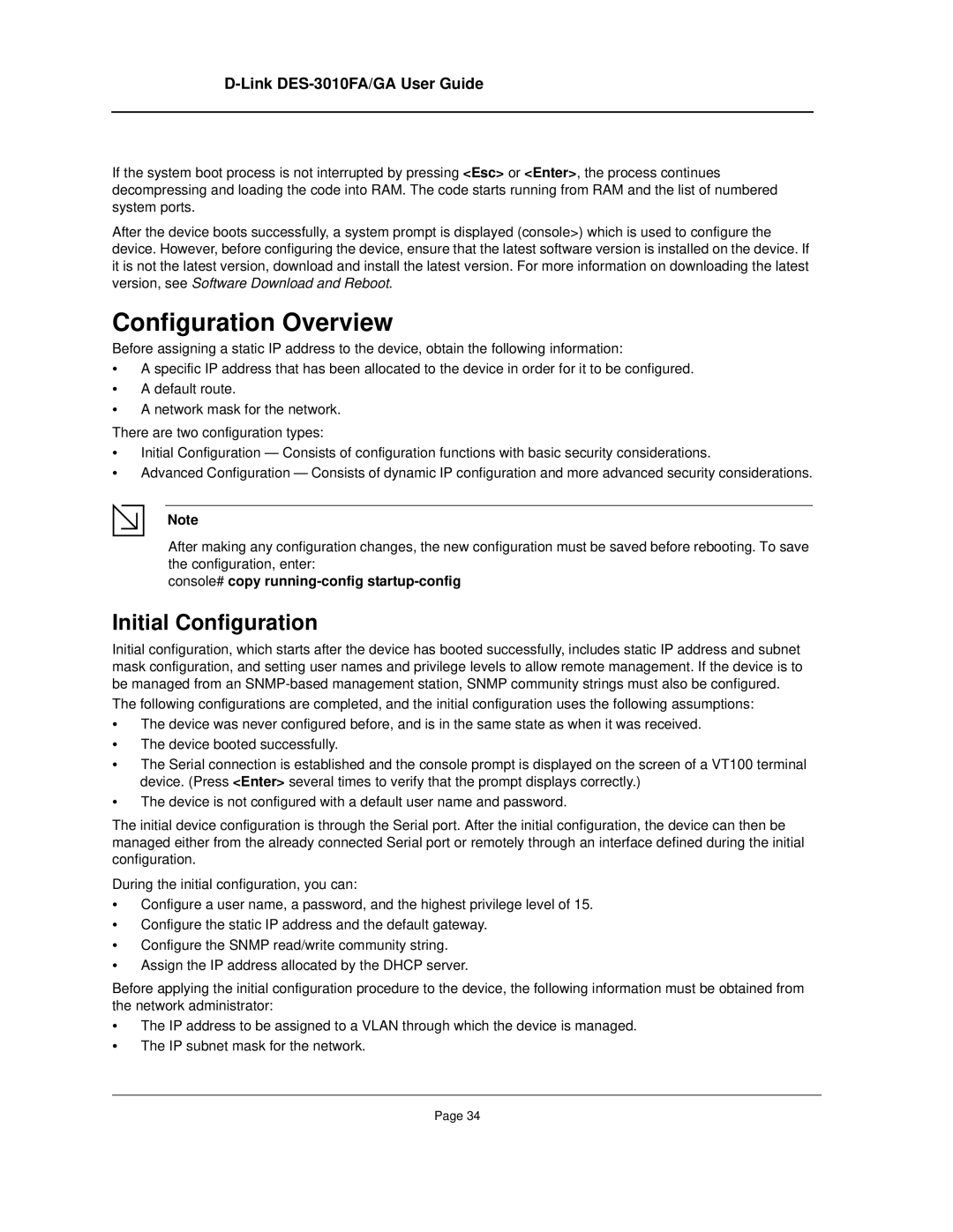 D-Link DES-3010FA/GA manual Configuration Overview, Initial Configuration 