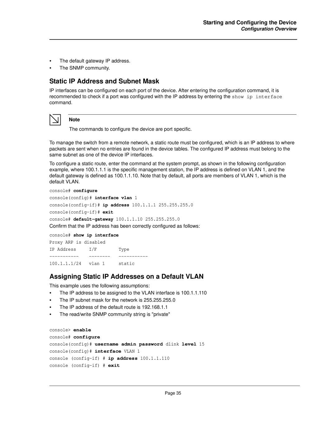 D-Link DES-3010FA/GA manual Static IP Address and Subnet Mask, Assigning Static IP Addresses on a Default Vlan 