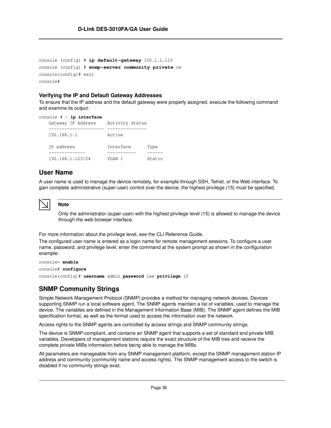 D-Link DES-3010FA/GA manual User Name, Snmp Community Strings 