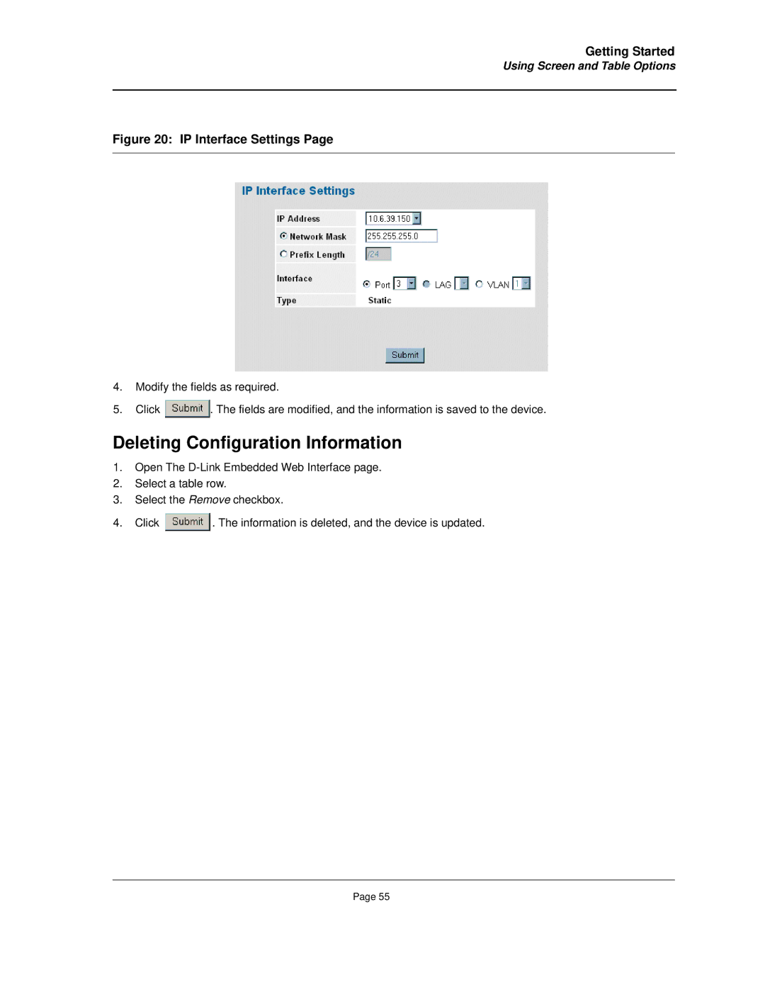 D-Link DES-3010FA/GA manual Deleting Configuration Information, Using Screen and Table Options 