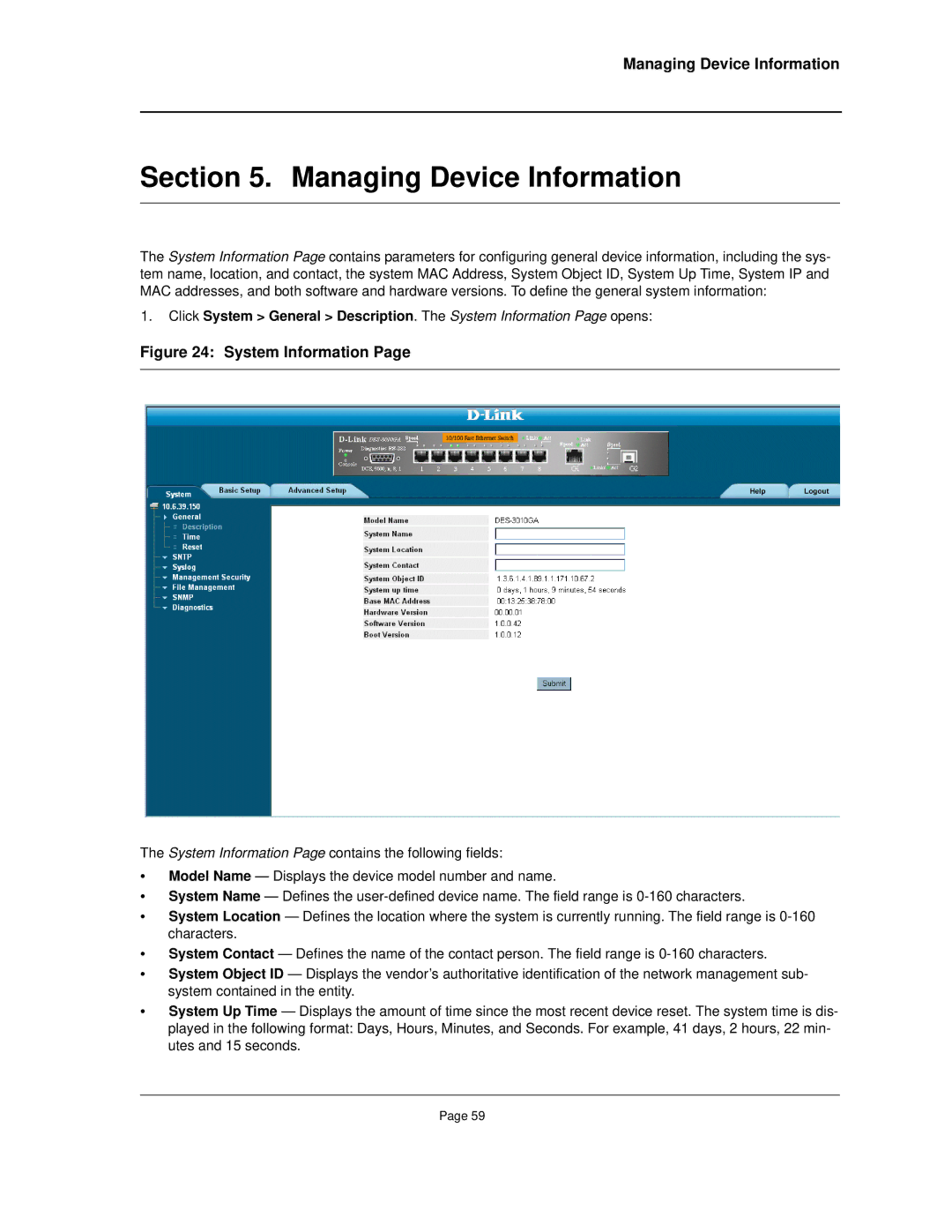 D-Link DES-3010FA/GA manual Managing Device Information, System Information 