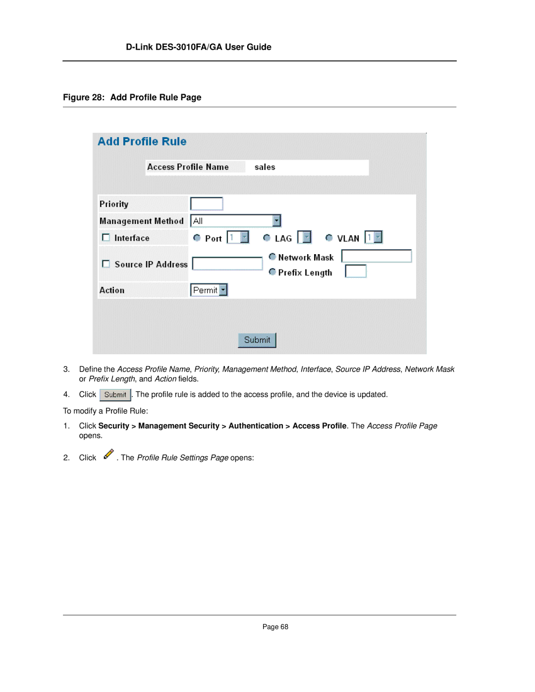 D-Link DES-3010FA/GA manual Add Profile Rule 