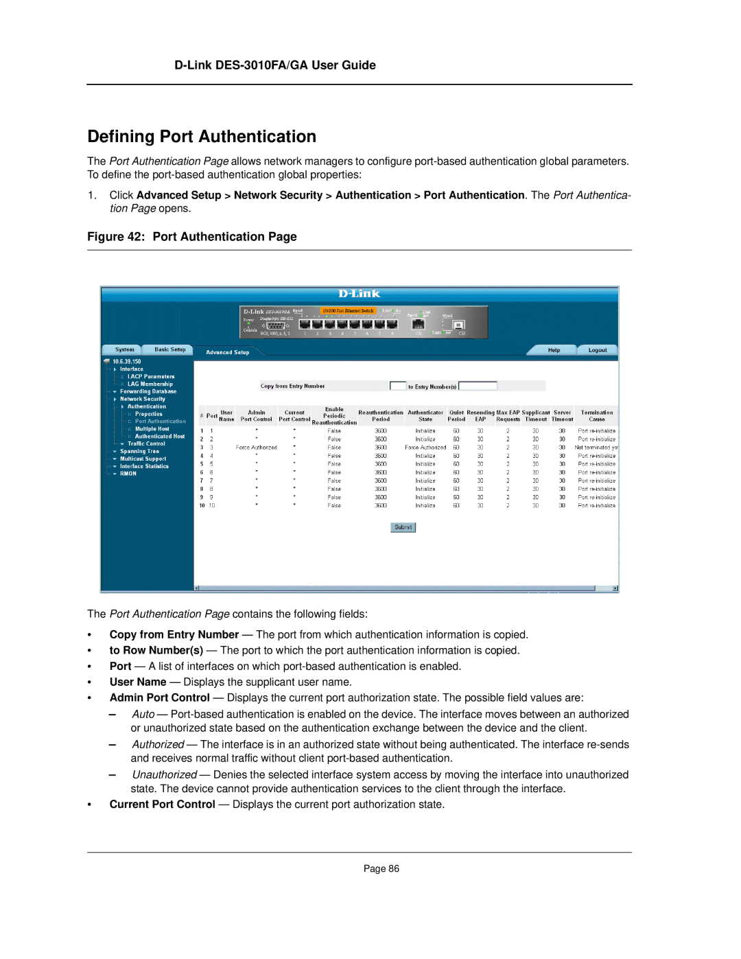 D-Link DES-3010FA/GA manual Defining Port Authentication 