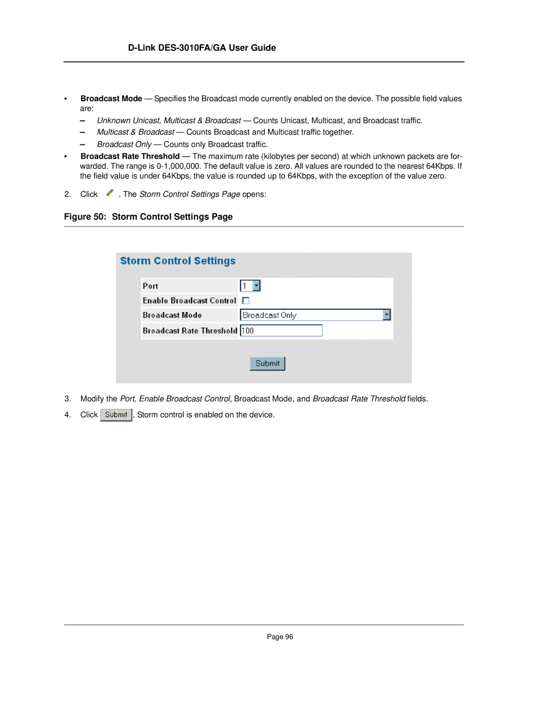 D-Link DES-3010FA/GA manual Storm Control Settings 