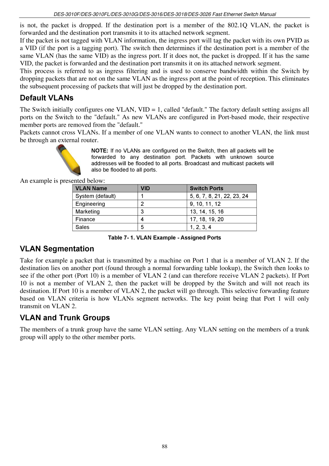 D-Link DES-3018 manual Default VLANs, Vlan Segmentation, Vlan and Trunk Groups, Switch Ports, Vlan Example Assigned Ports 