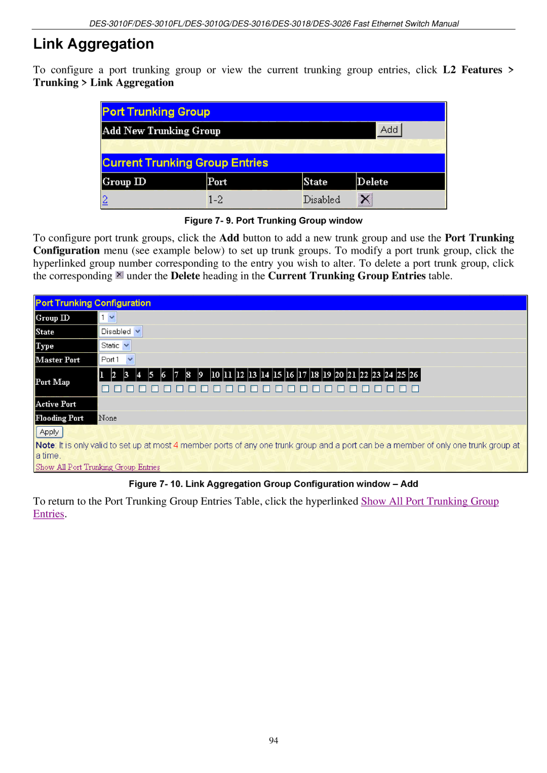 D-Link DES-3018 manual Trunking Link Aggregation 