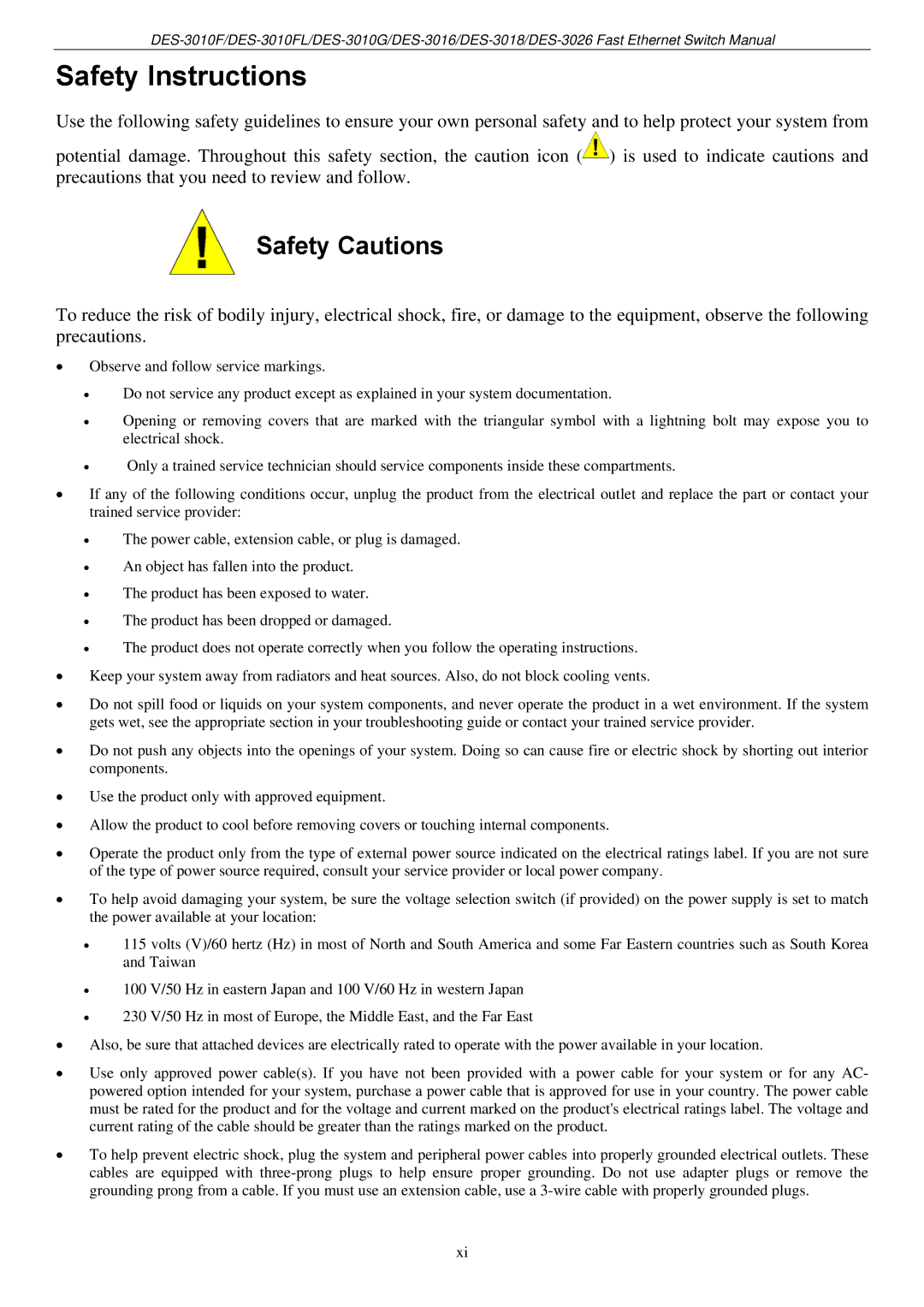 D-Link DES-3018 manual Safety Instructions, Safety Cautions 