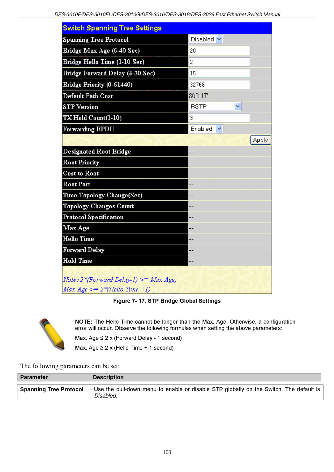 D-Link DES-3018 manual STP Bridge Global Settings, Spanning Tree Protocol 