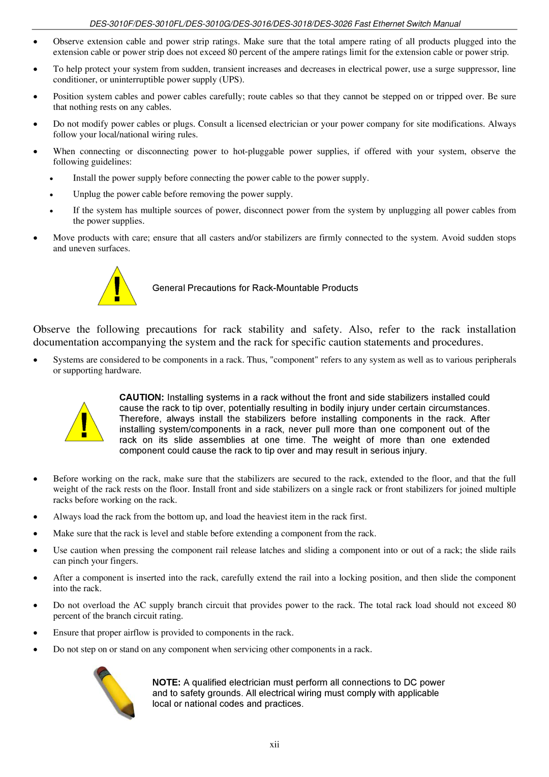 D-Link DES-3018 manual General Precautions for Rack-Mountable Products 