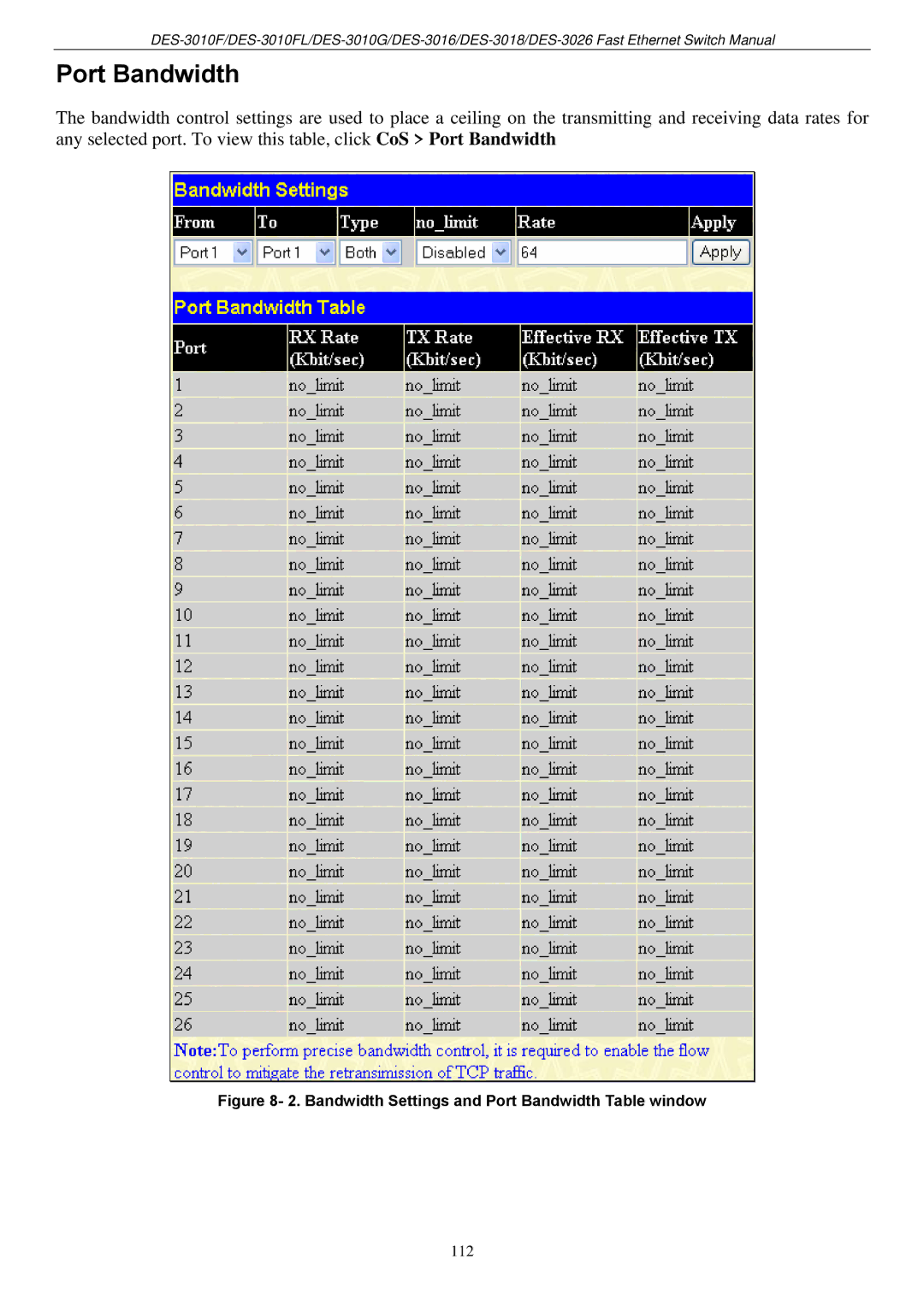 D-Link DES-3018 manual Bandwidth Settings and Port Bandwidth Table window 