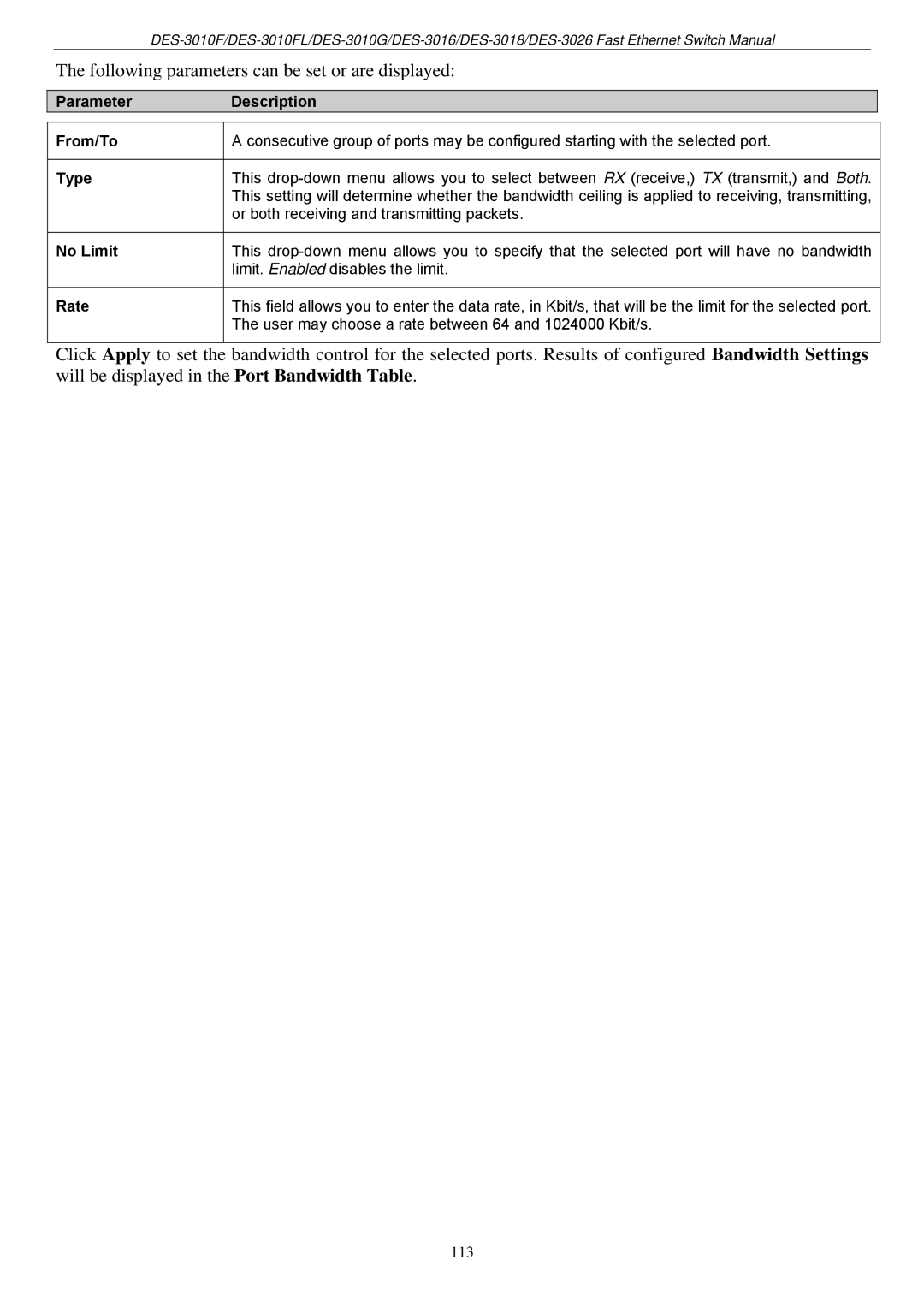 D-Link DES-3018 manual Following parameters can be set or are displayed, ParameterDescription From/To Type No Limit Rate 