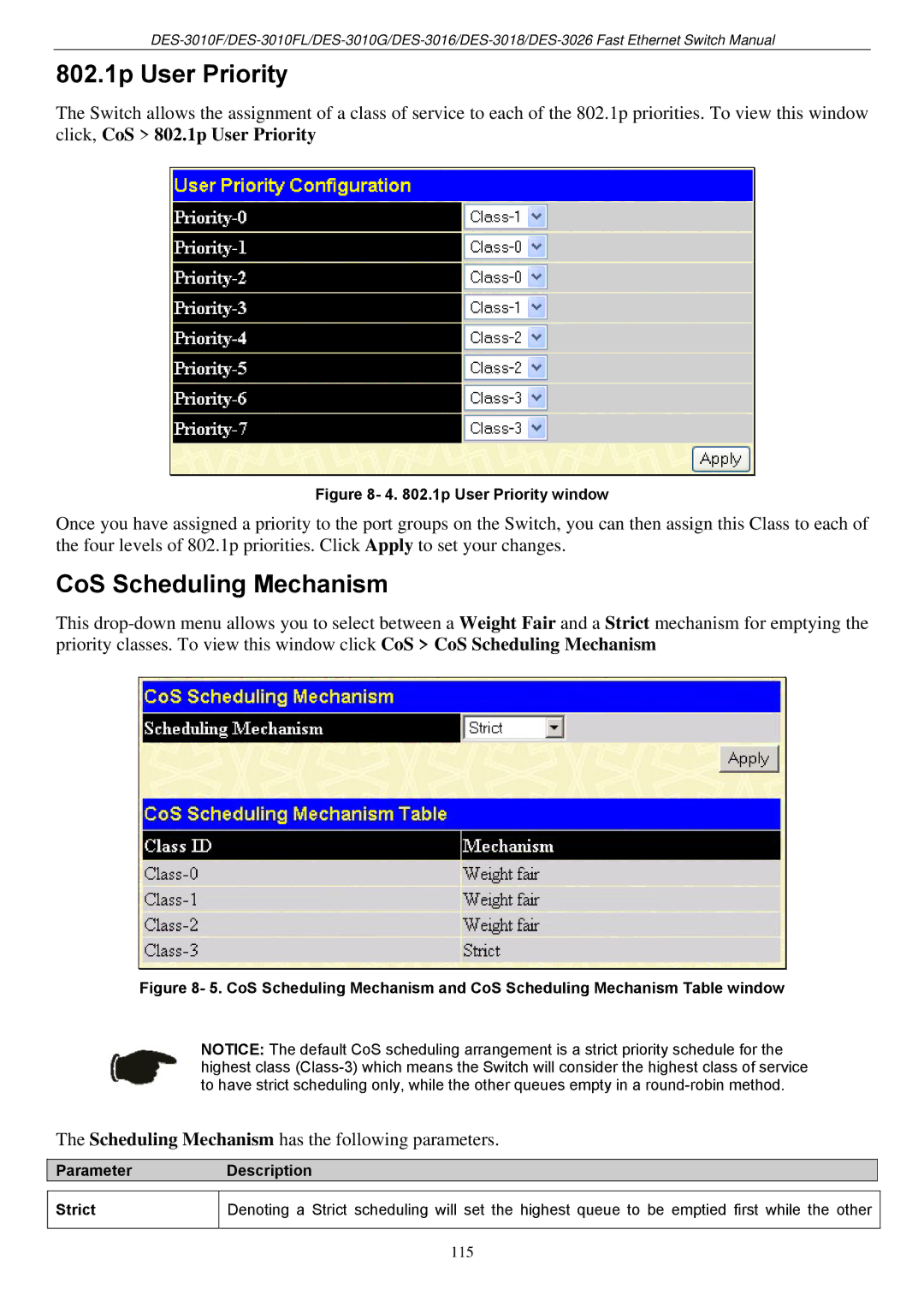 D-Link DES-3018 manual 802.1p User Priority, CoS Scheduling Mechanism, Scheduling Mechanism has the following parameters 