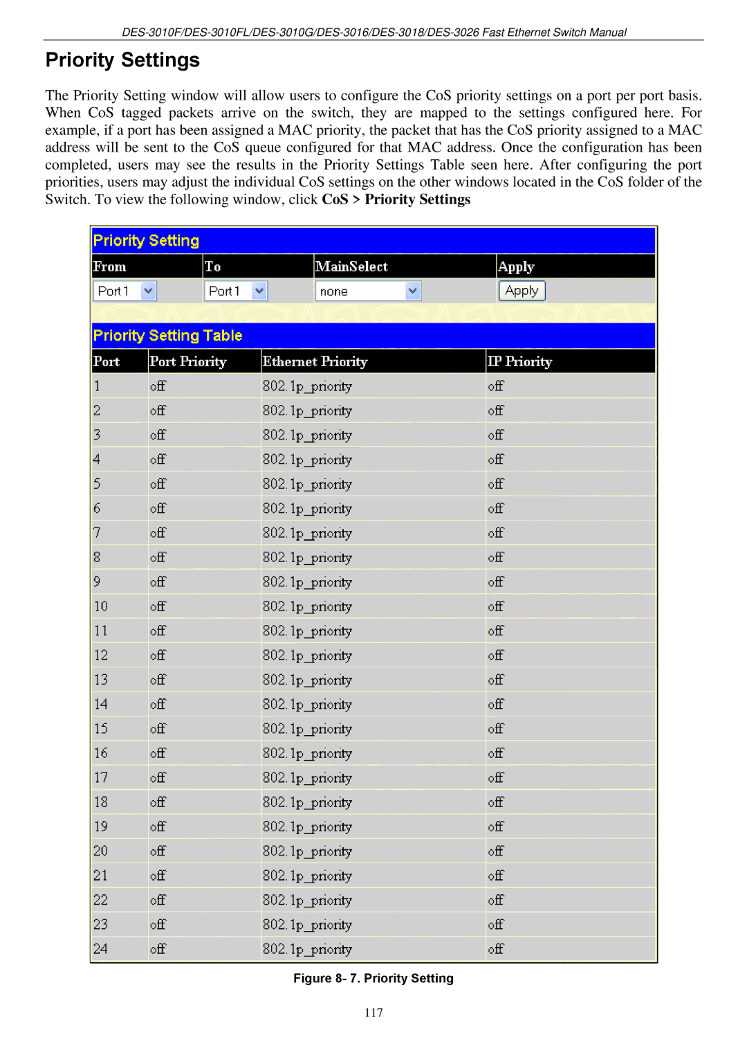 D-Link DES-3018 manual Priority Settings 