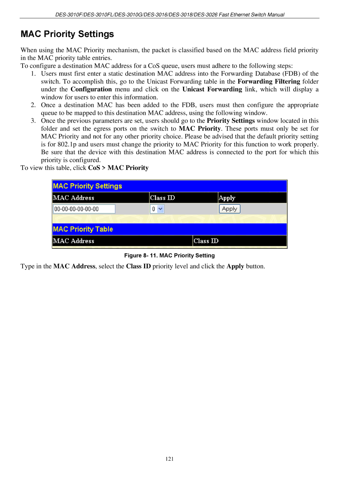 D-Link DES-3018 manual MAC Priority Settings 