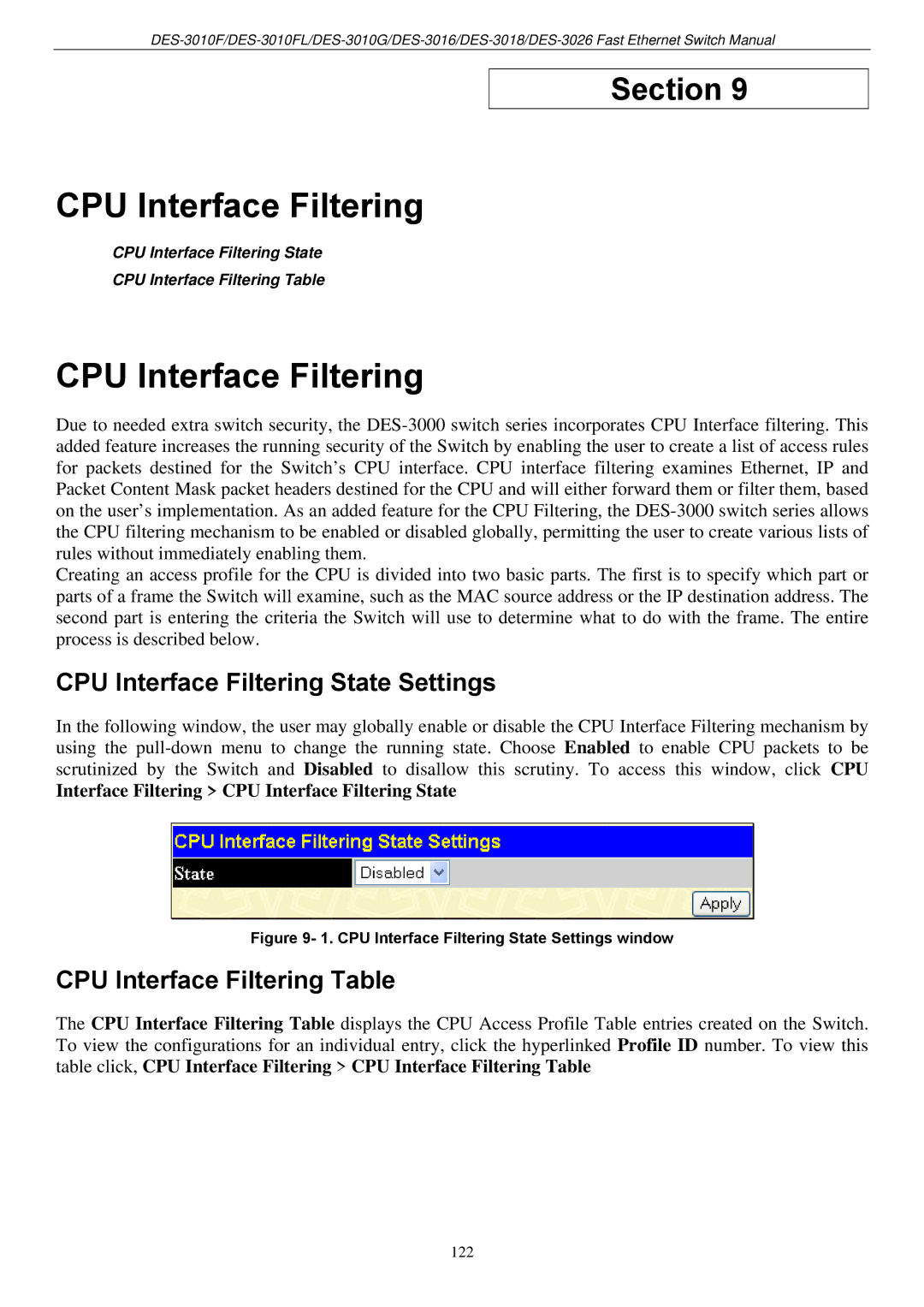 D-Link DES-3018 manual CPU Interface Filtering State Settings, CPU Interface Filtering Table 