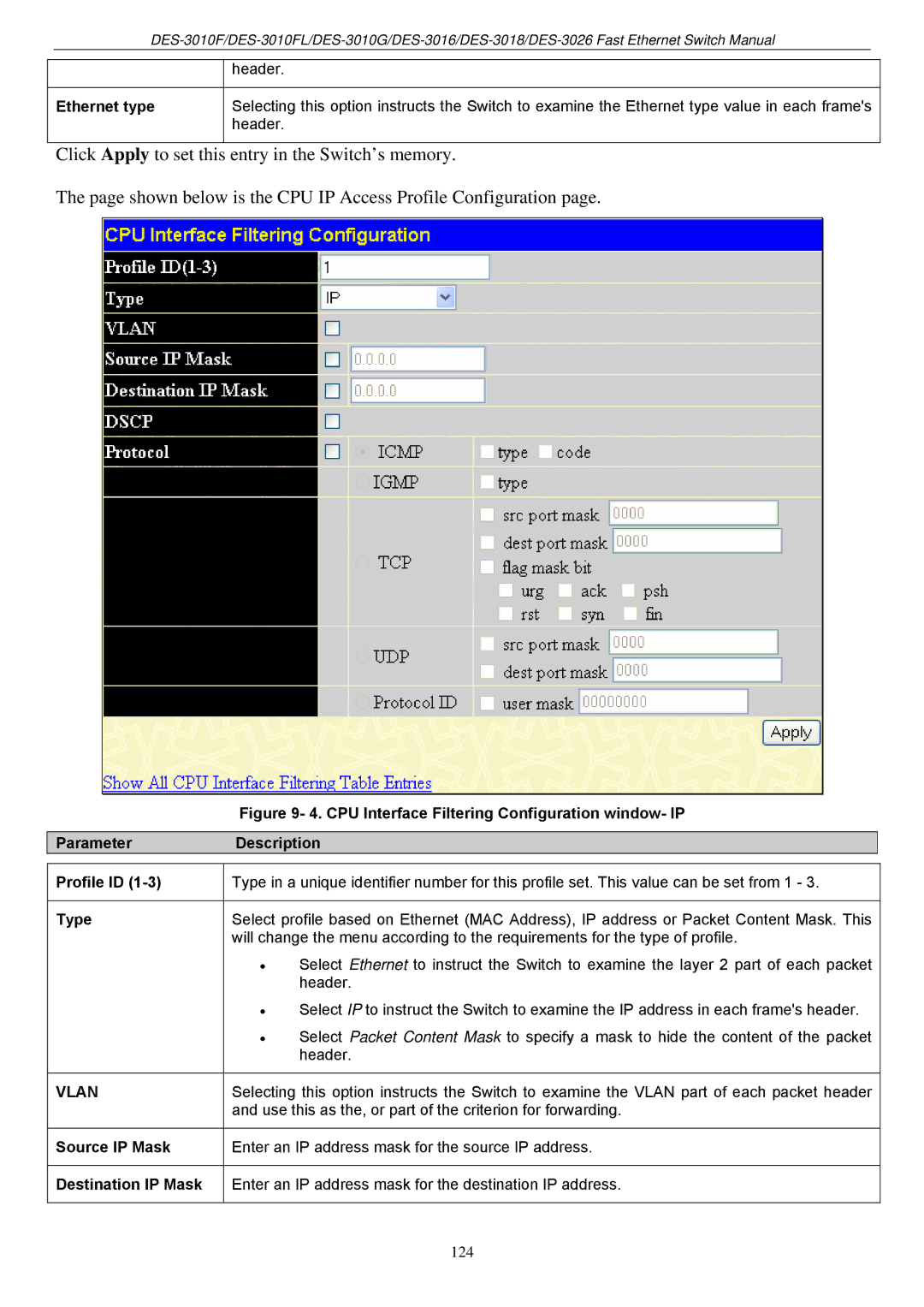 D-Link DES-3018 manual Ethernet type, Source IP Mask Destination IP Mask 