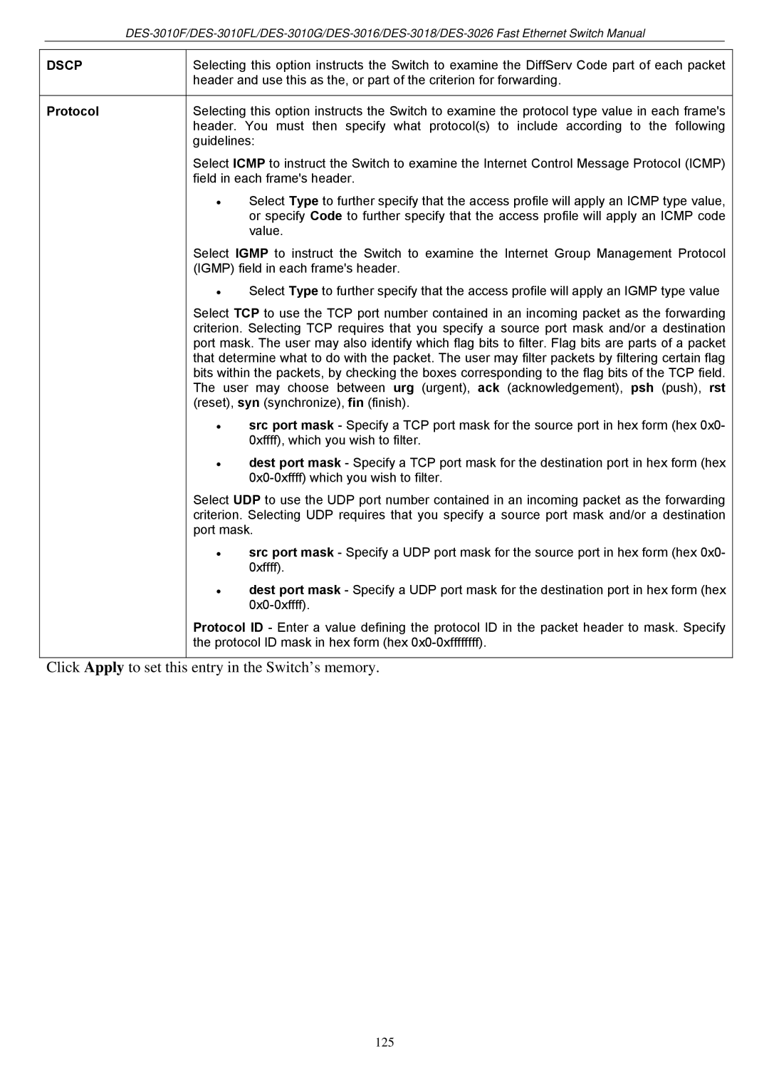 D-Link DES-3018 manual Click Apply to set this entry in the Switch’s memory, Protocol 