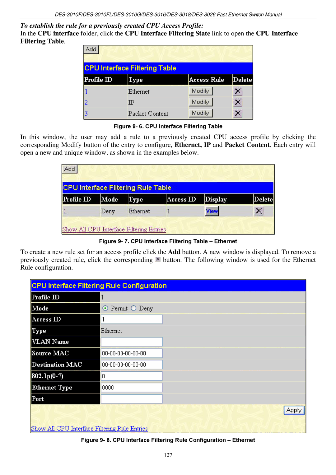 D-Link DES-3018 manual CPU Interface Filtering Table Ethernet 