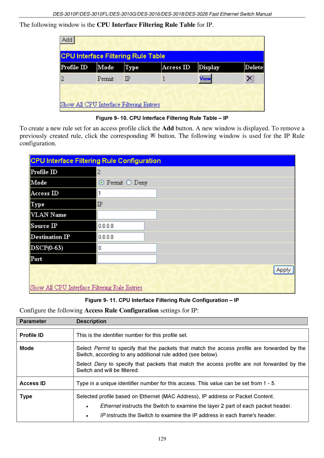 D-Link DES-3018 manual CPU Interface Filtering Rule Table IP, Parameter Description Profile ID Mode Access ID Type 