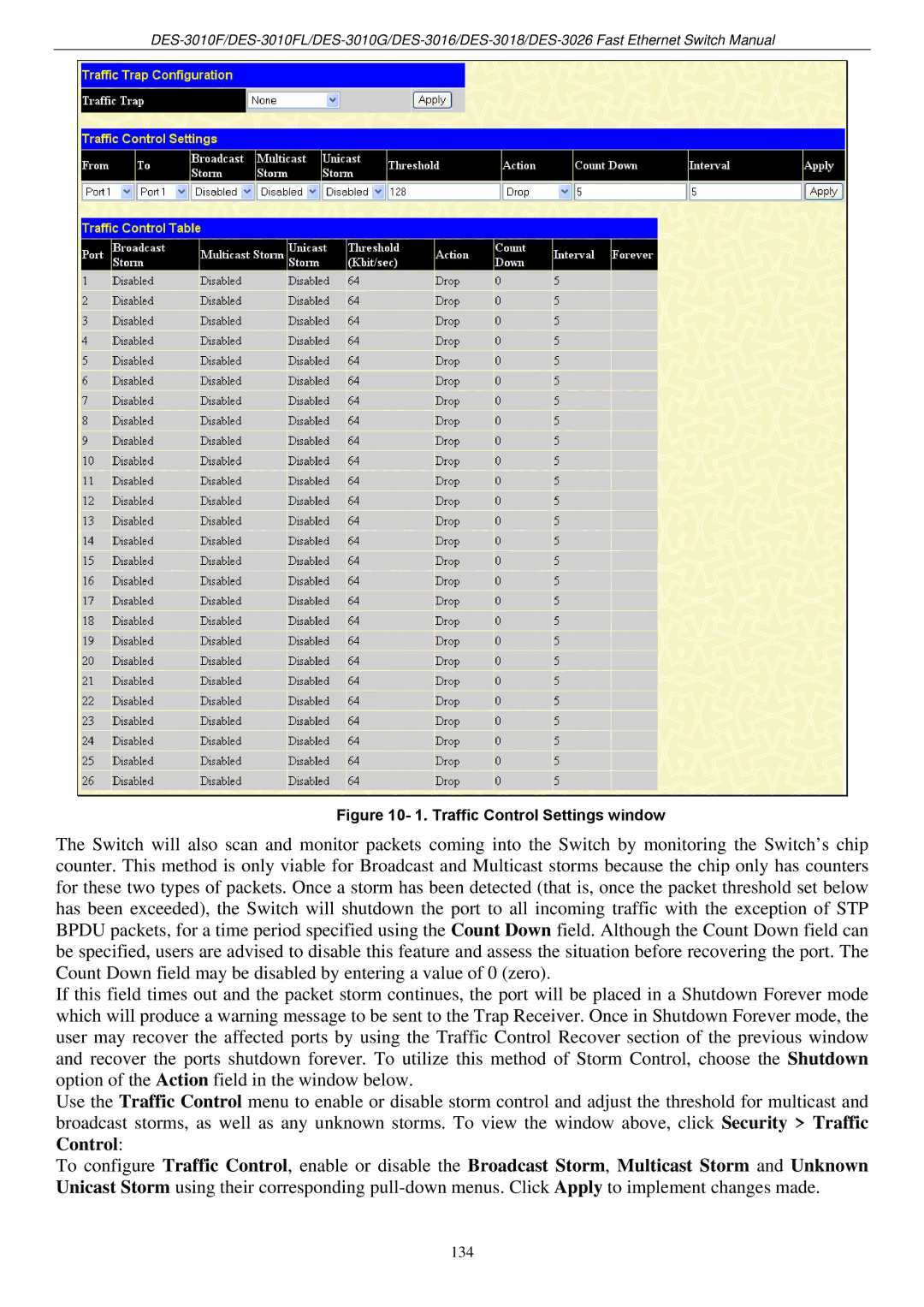 D-Link DES-3018 manual Traffic Control Settings window 