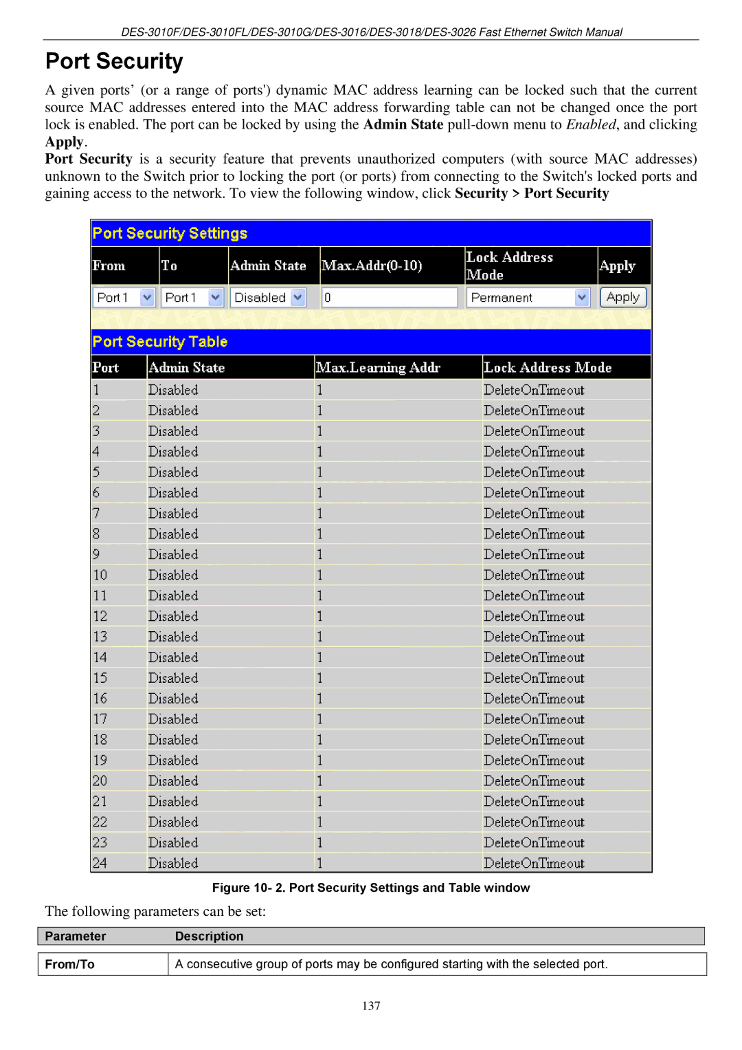 D-Link DES-3018 manual Port Security Settings and Table window 