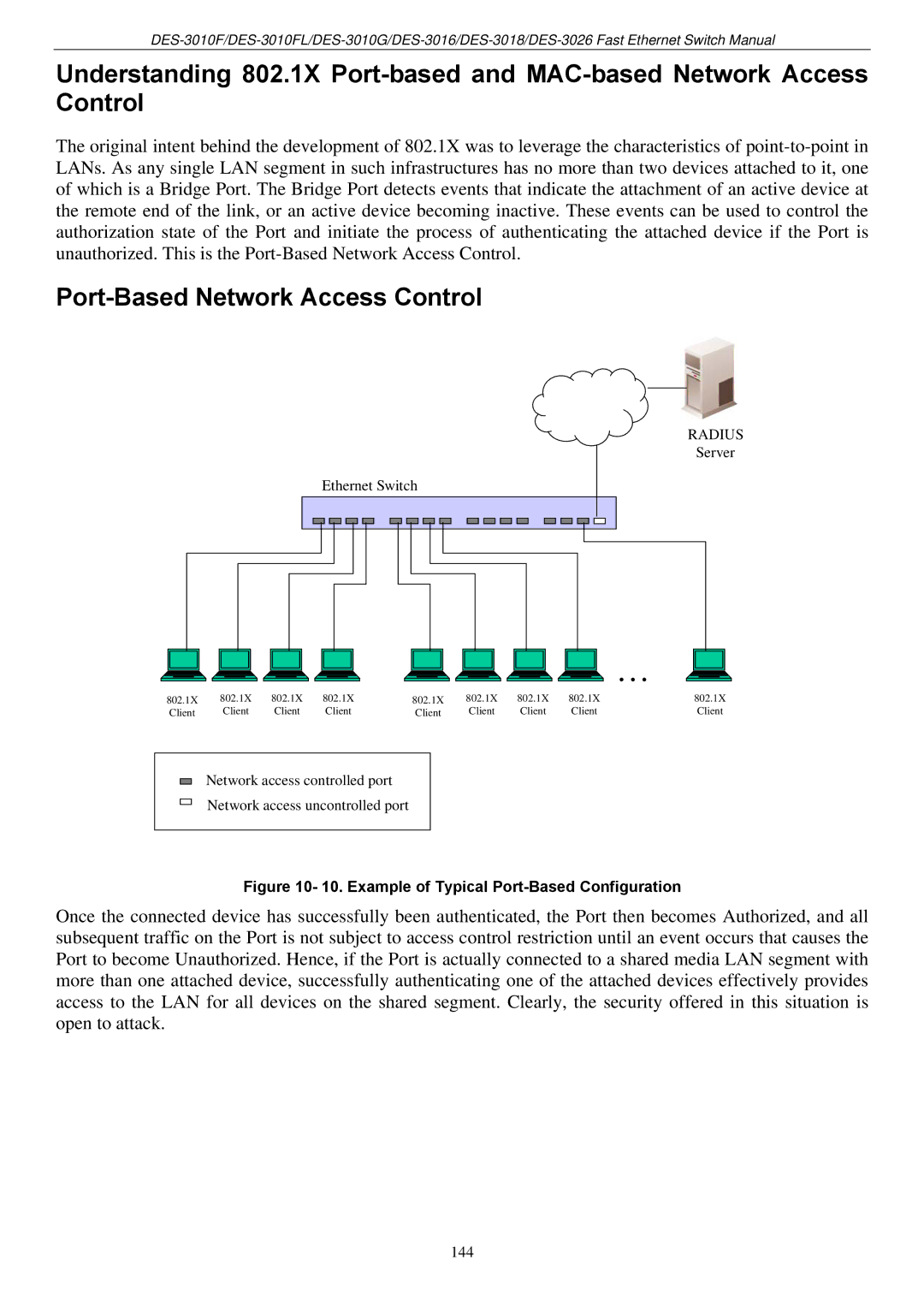 D-Link DES-3018 manual Port-Based Network Access Control, Example of Typical Port-Based Configuration 