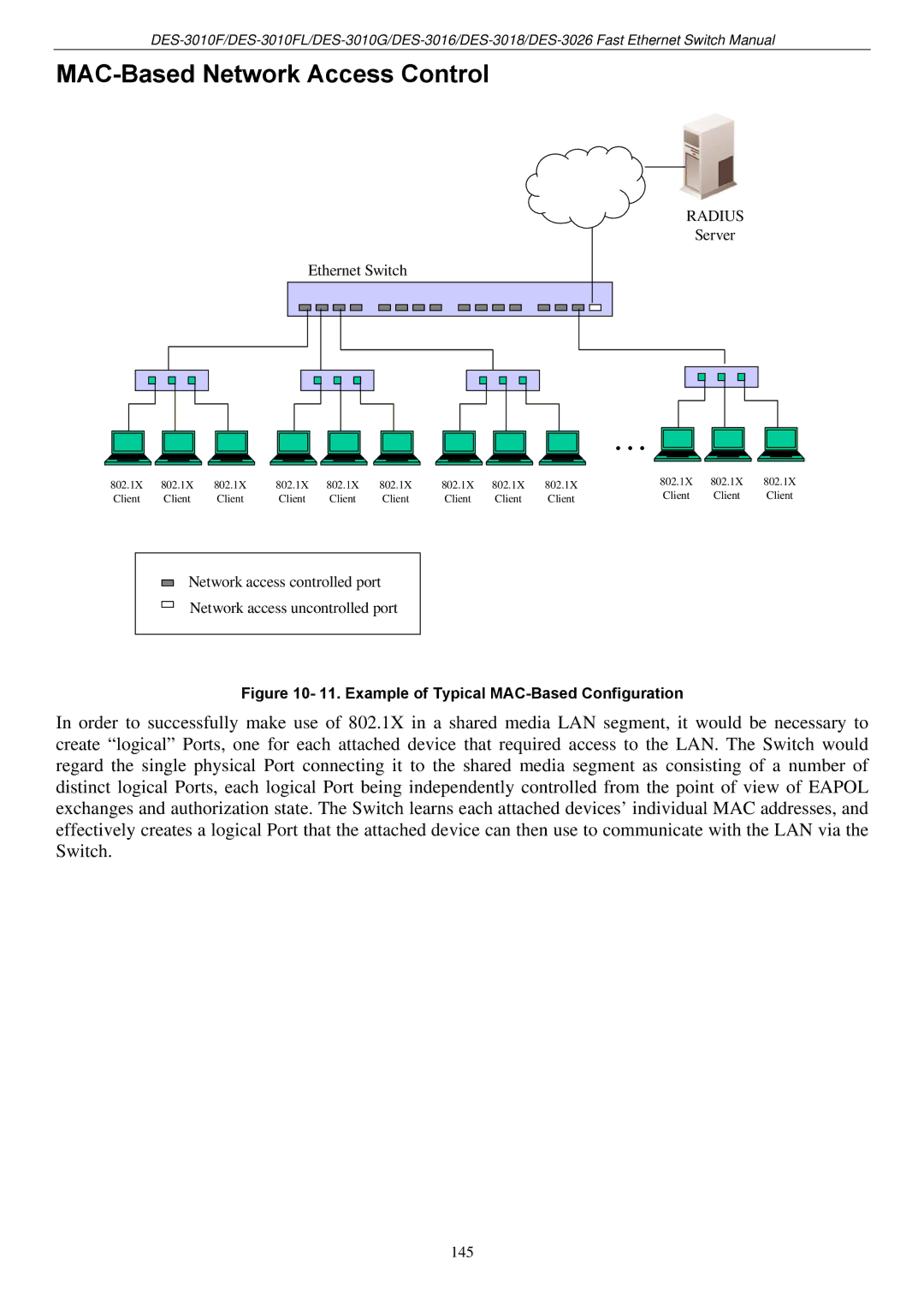 D-Link DES-3018 manual MAC-Based Network Access Control, Example of Typical MAC-Based Configuration 