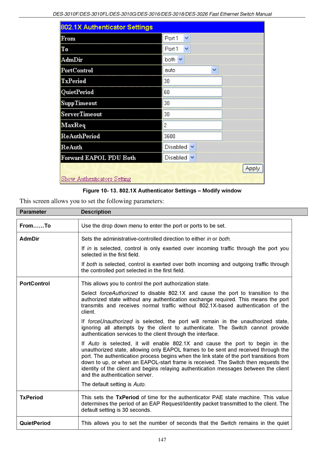 D-Link DES-3018 manual This screen allows you to set the following parameters 