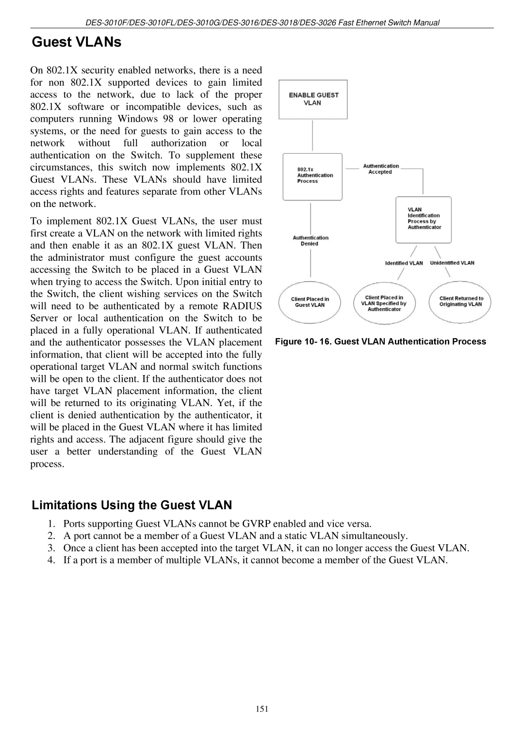 D-Link DES-3018 manual Guest VLANs, Limitations Using the Guest Vlan 