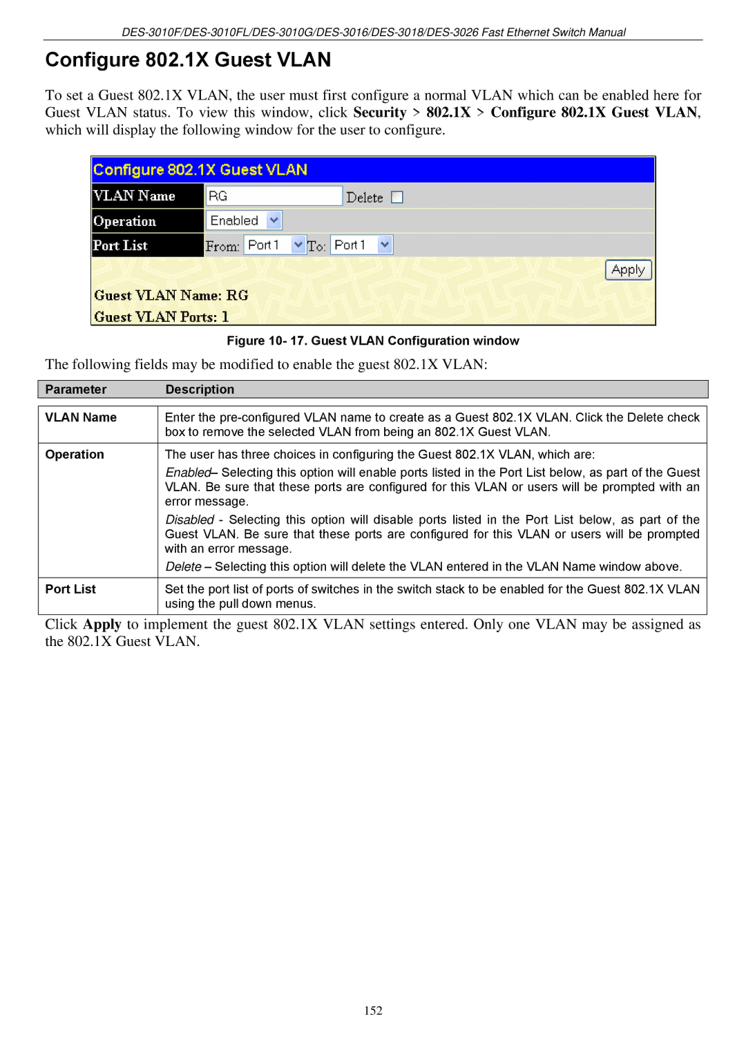 D-Link DES-3018 manual Configure 802.1X Guest Vlan, Operation, Port List 