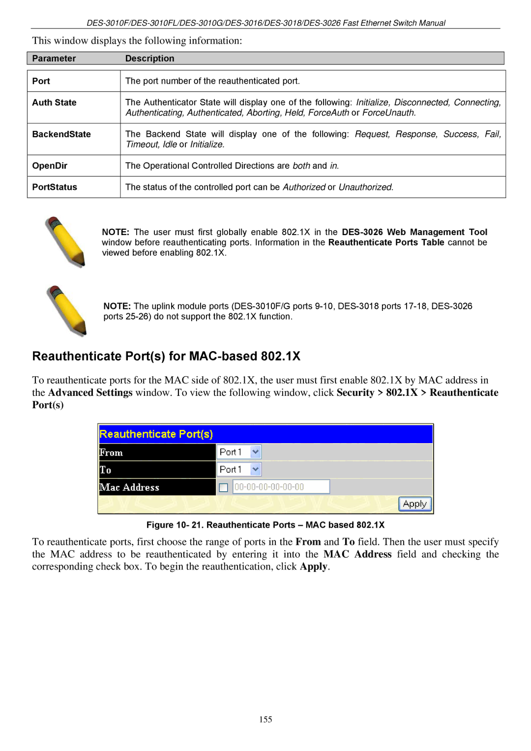 D-Link DES-3018 manual Reauthenticate Ports for MAC-based, Parameter Description Port, Auth State, OpenDir 